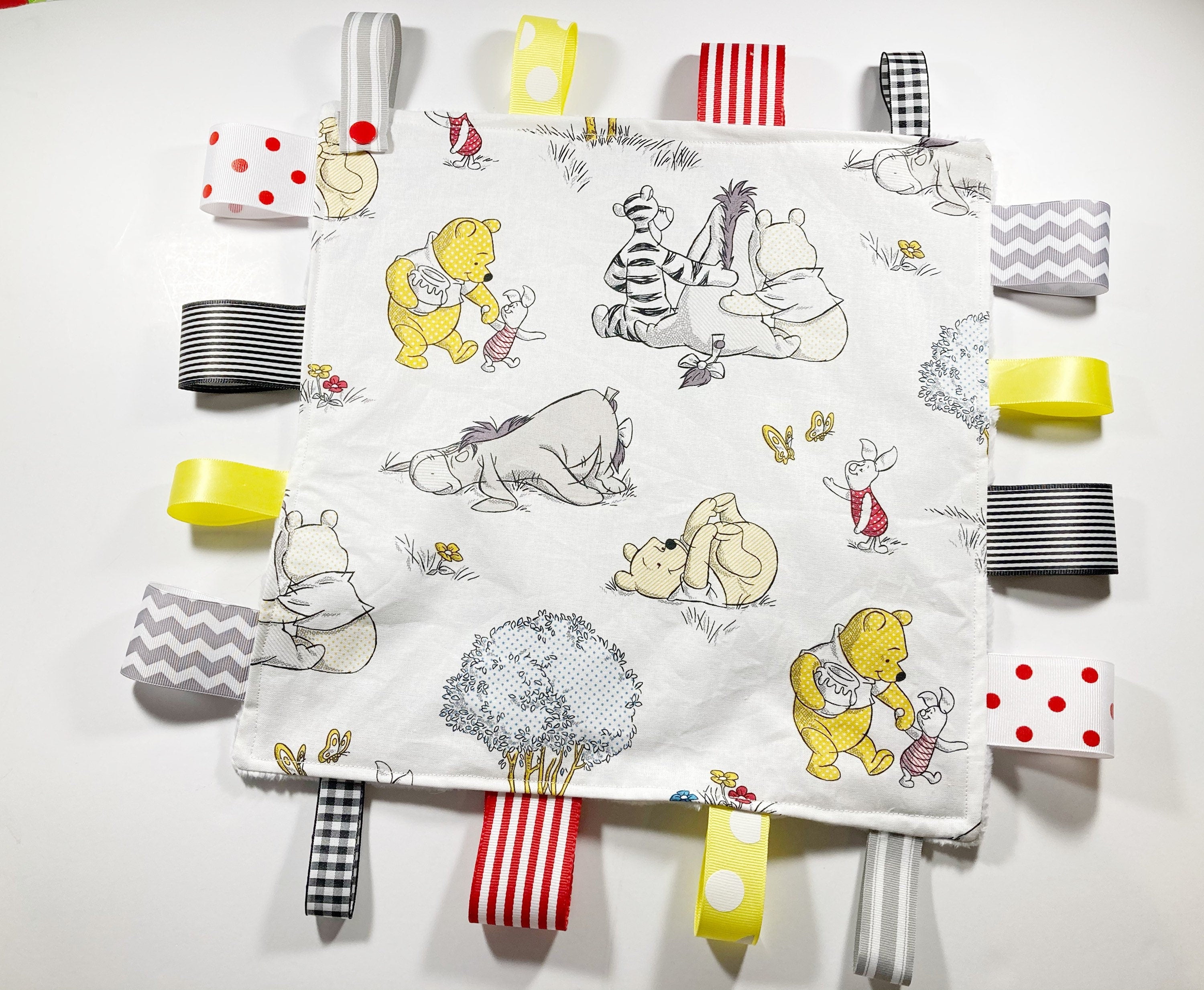 Sensory crinkle tag lovey - made from Winnie the Pooh fabric ~ personalize ~ Cotton minky security toy with wood teether ~ shower gift 12"
