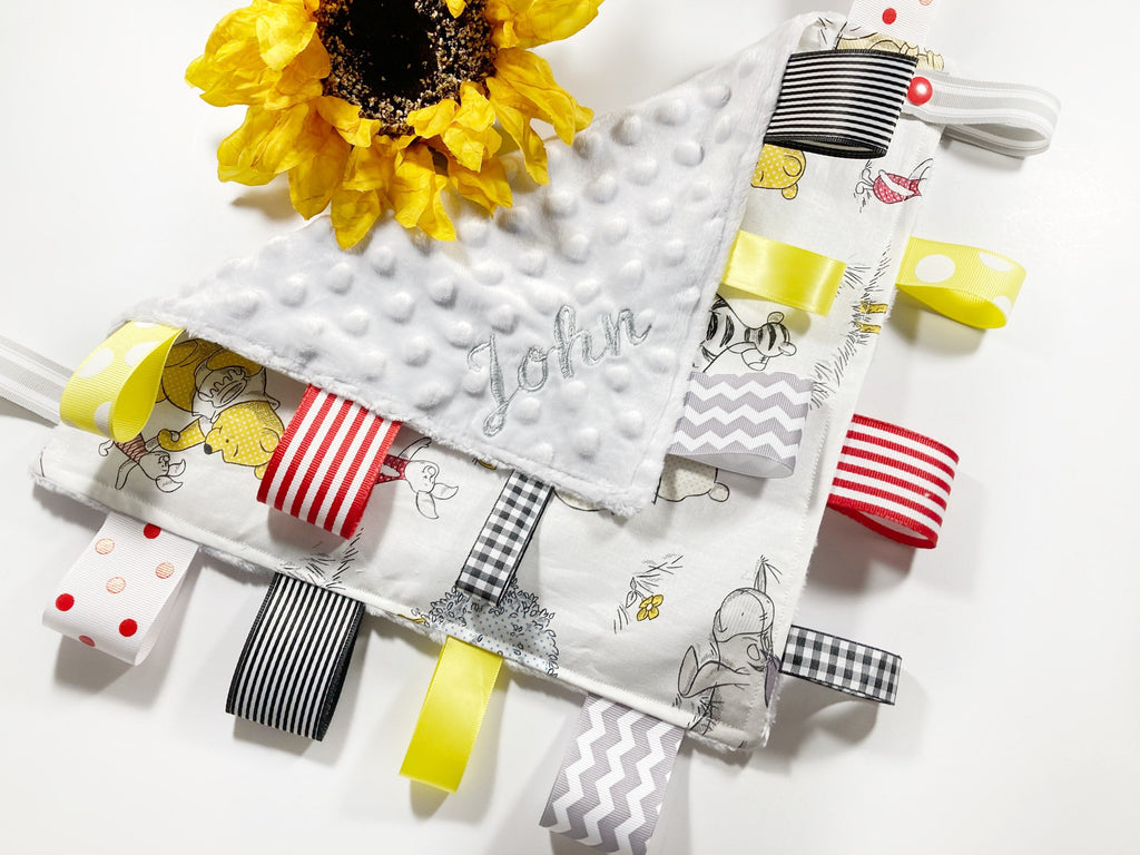 Sensory crinkle tag lovey - made from Winnie the Pooh fabric ~ personalize ~ Cotton minky security toy with wood teether ~ shower gift 12"