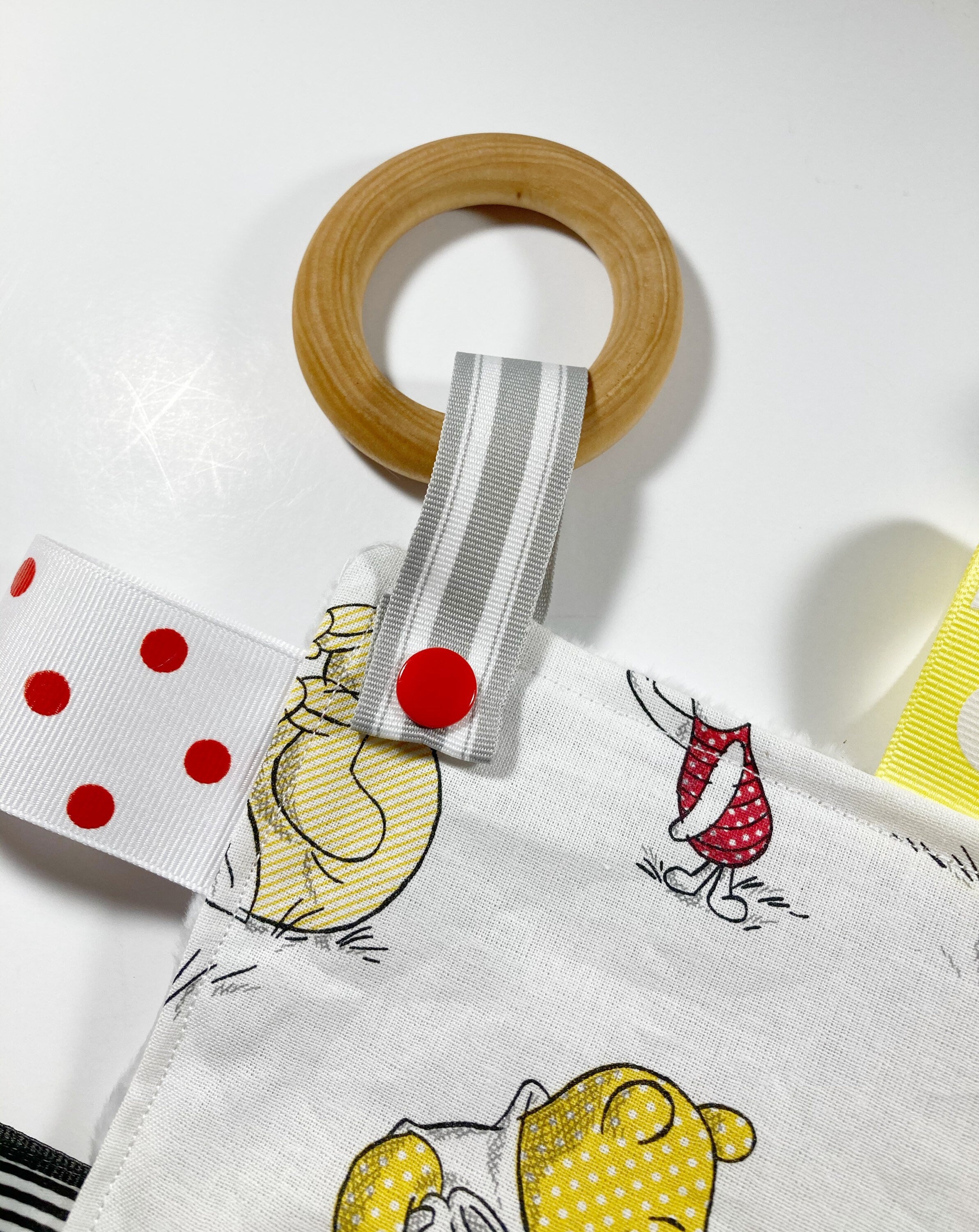 Sensory crinkle tag lovey - made from Winnie the Pooh fabric ~ personalize ~ Cotton minky security toy with wood teether ~ shower gift 12"