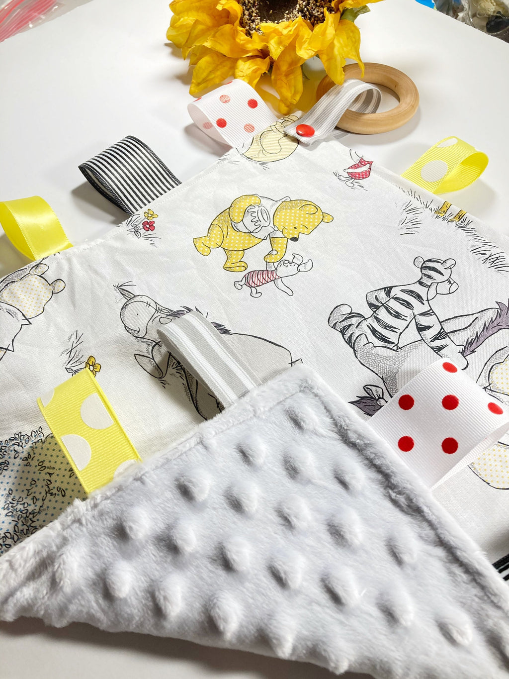 Sensory crinkle tag lovey - made from Winnie the Pooh fabric ~ personalize ~ Cotton minky security toy with wood teether ~ shower gift 12"