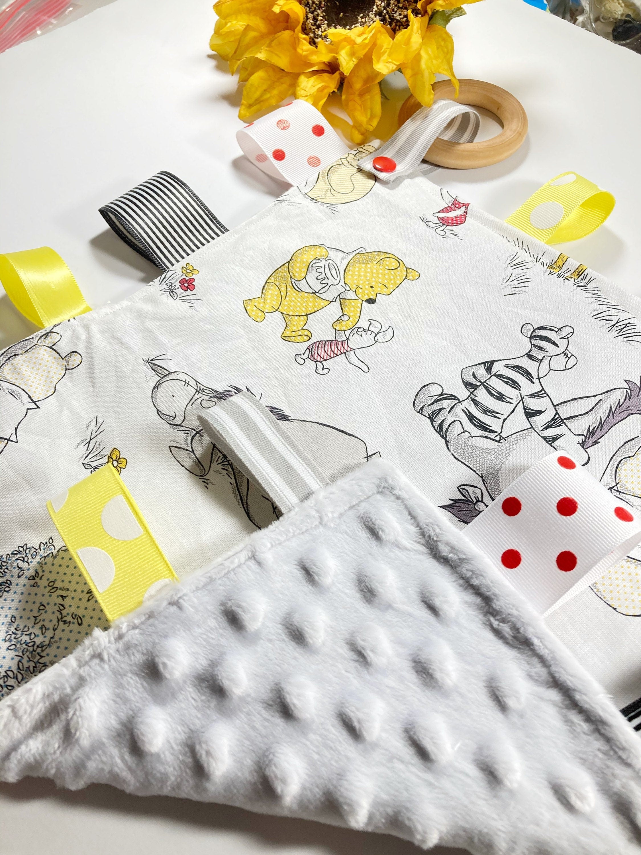 Sensory crinkle tag lovey - made from Winnie the Pooh fabric ~ personalize ~ Cotton minky security toy with wood teether ~ shower gift 12"