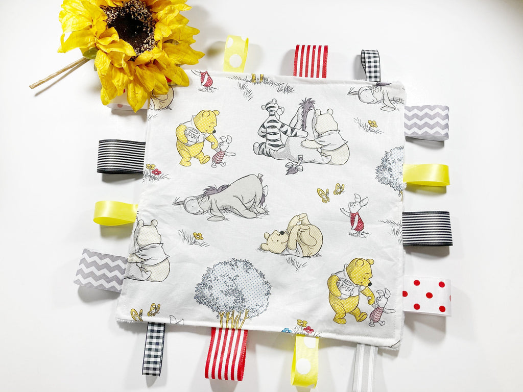 Sensory crinkle or Blanket tag lovey - made from Winnie the Pooh fabric ~ personalize ~ Cotton minky security toy ~ baby shower gift 12"