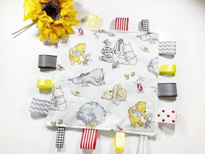 Sensory crinkle or Blanket tag lovey - made from Winnie the Pooh fabric ~ personalize ~ Cotton minky security toy ~ baby shower gift 12"