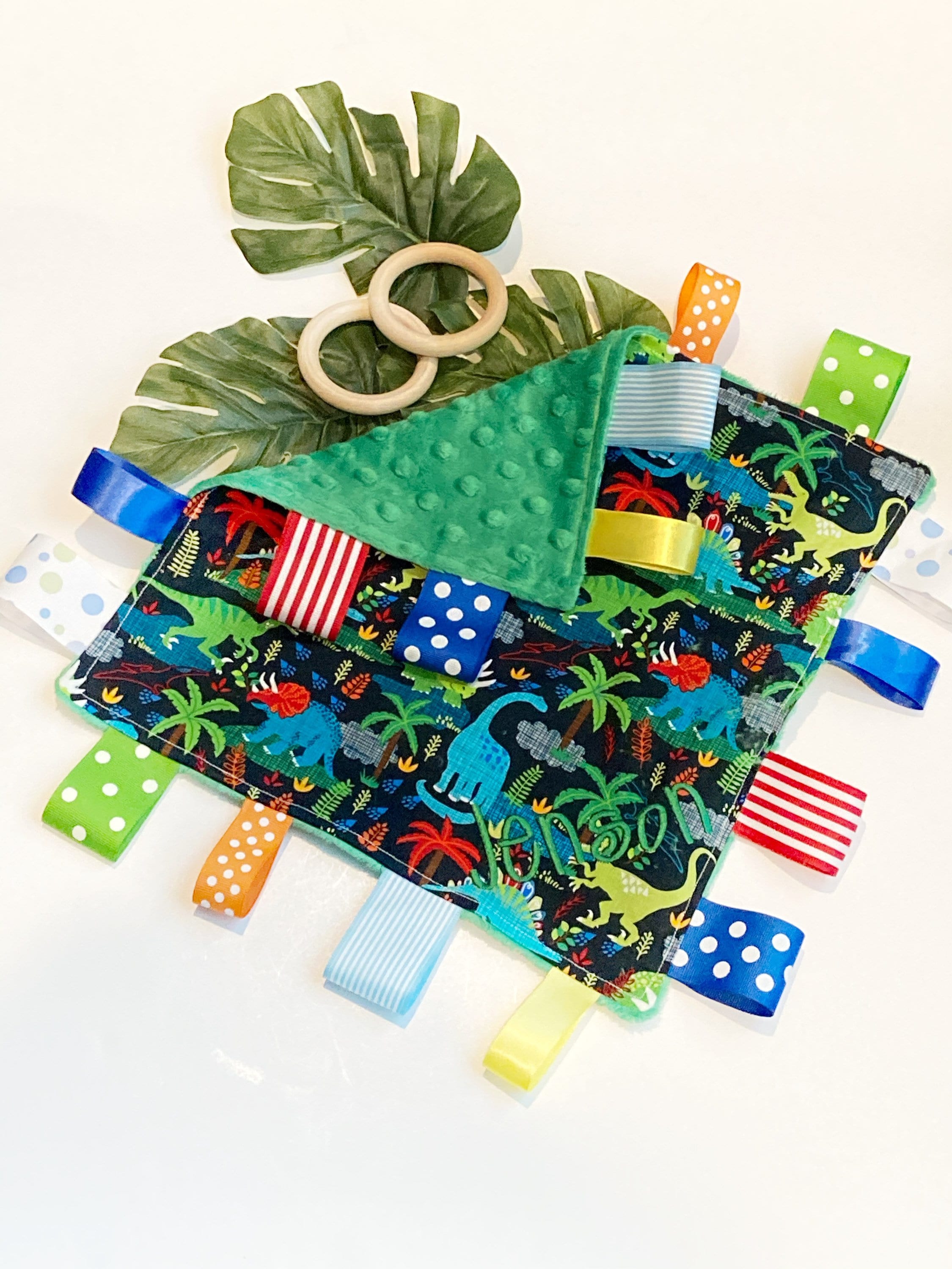 Dinosaur crinkle Blanket lovey cotton fabric toy ~ can personalize ~ sensory blanket lovey ~ Cotton minky ~ baby shower gift ~ 12"