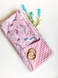Baby Blanket in unicorns and rainbows pink cotton fabric forbaby girl with soft dimple dot minky back, personalized baby shower gift