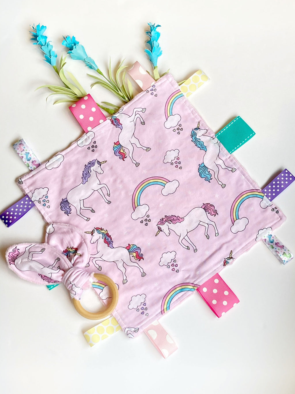 Unicorns Baby girl lovey blanket |toddler sensory toy | crinkle option | pink fabric | can personalize | baby shower gift | choose minky