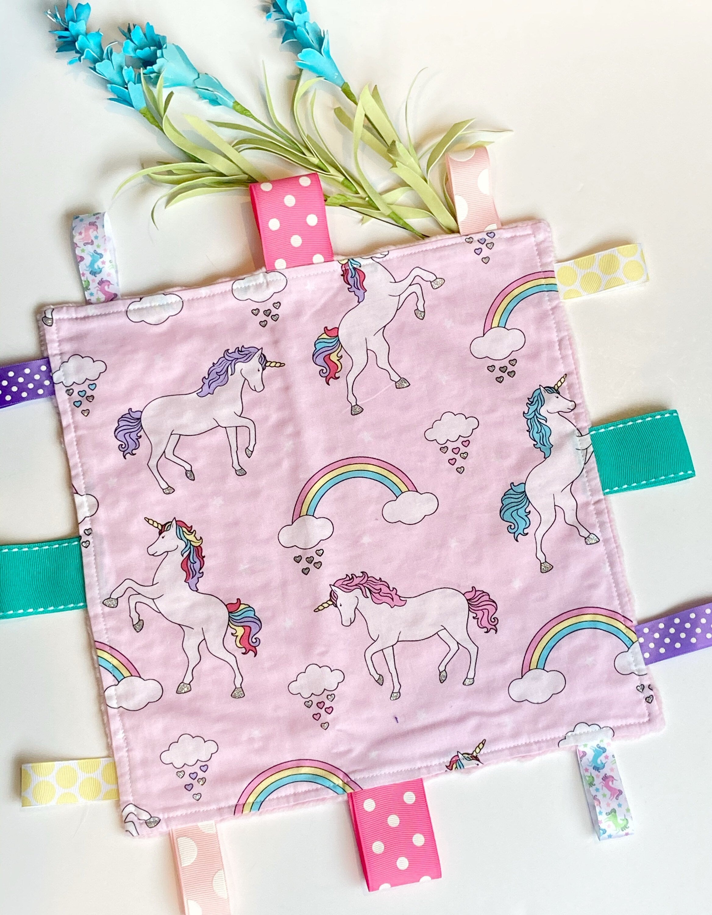 Unicorns Baby girl lovey blanket |toddler sensory toy | crinkle option | pink fabric | can personalize | baby shower gift | choose minky