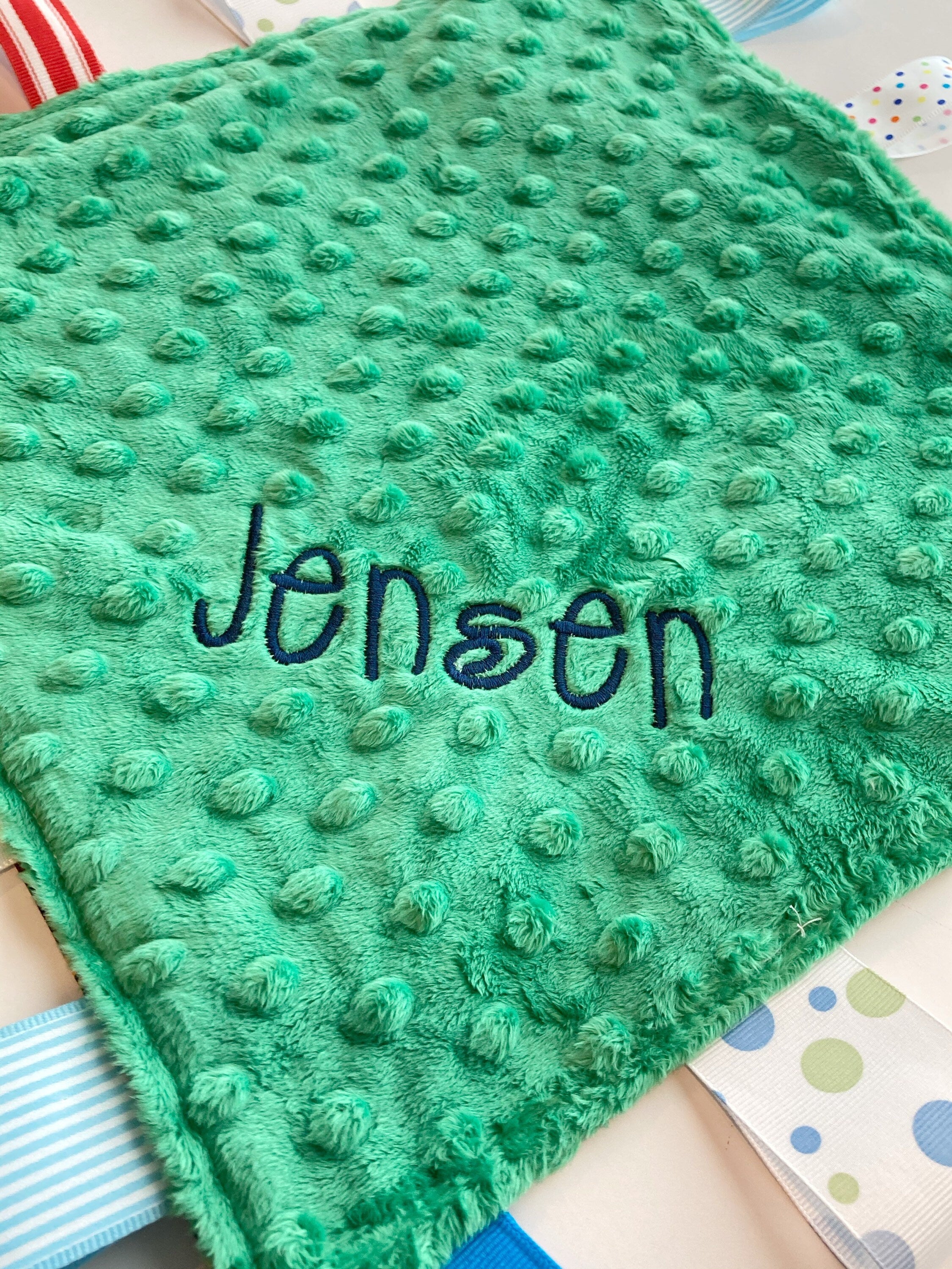 Dinosaur Blanket lovey - cotton fabric toy ~ can personalize ~ sensory blanket lovey ~ Cotton minky ~ baby shower gift ~ 12”