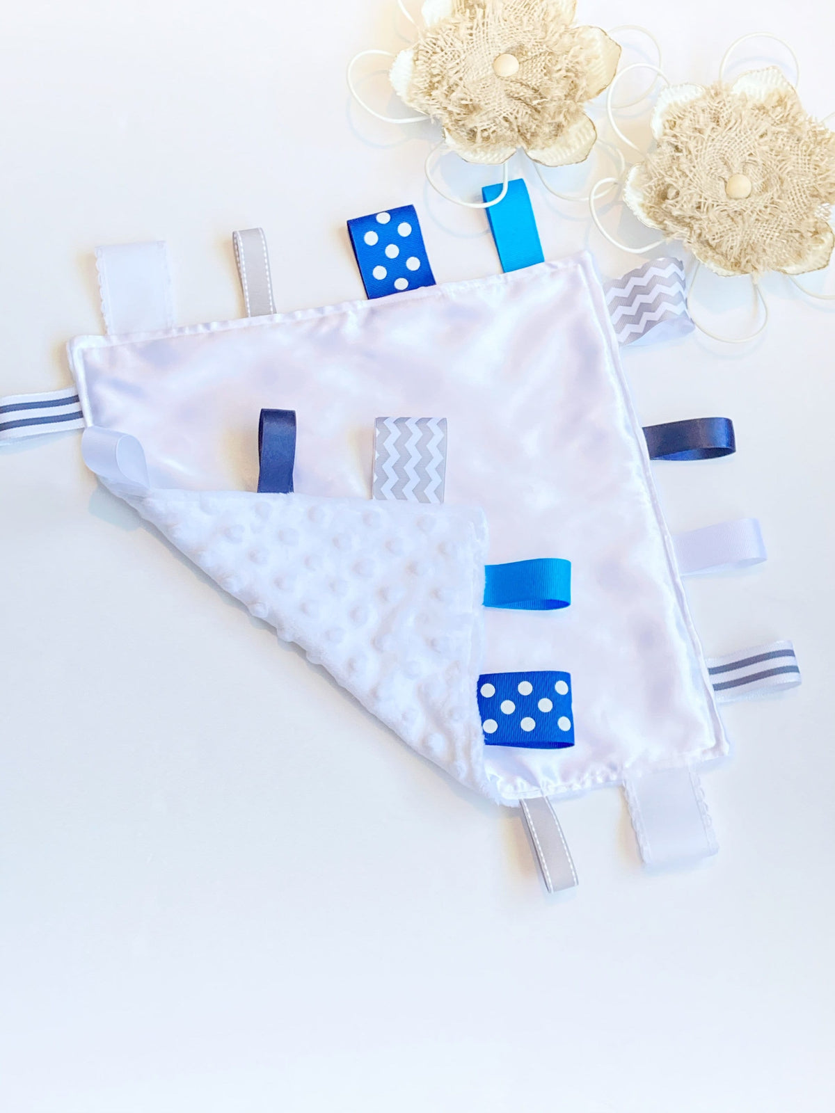 Large 24” satin and minky sensory baby blanket lovey with ribbon tags, or for any age boy or girl, personalize