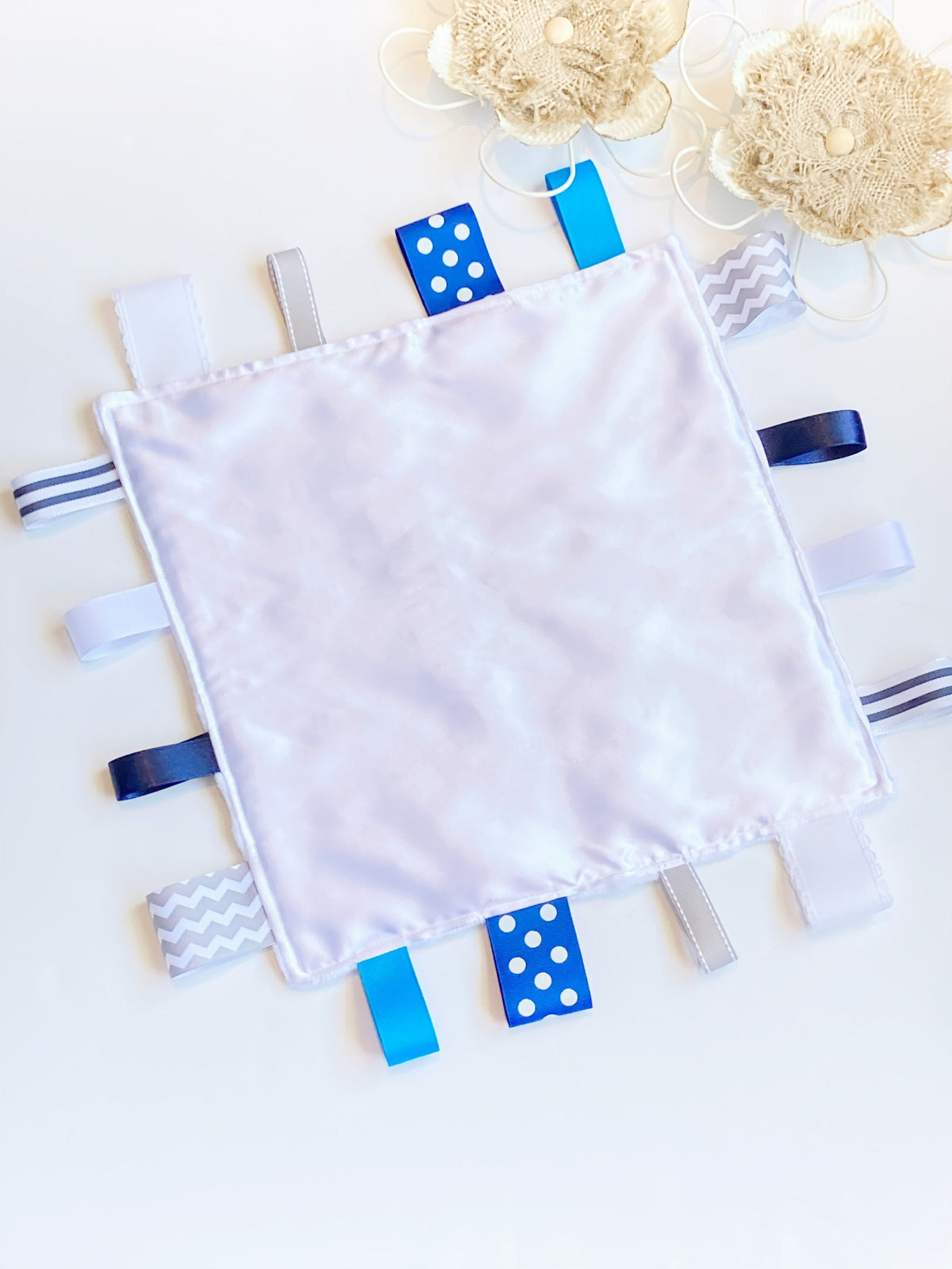 Satin and minky sensory Blanket lovey ~ ribbon tag ~ personalize sensory toy ~ baby shower gift ~ baby boy girl lovey - 12" - choose colors