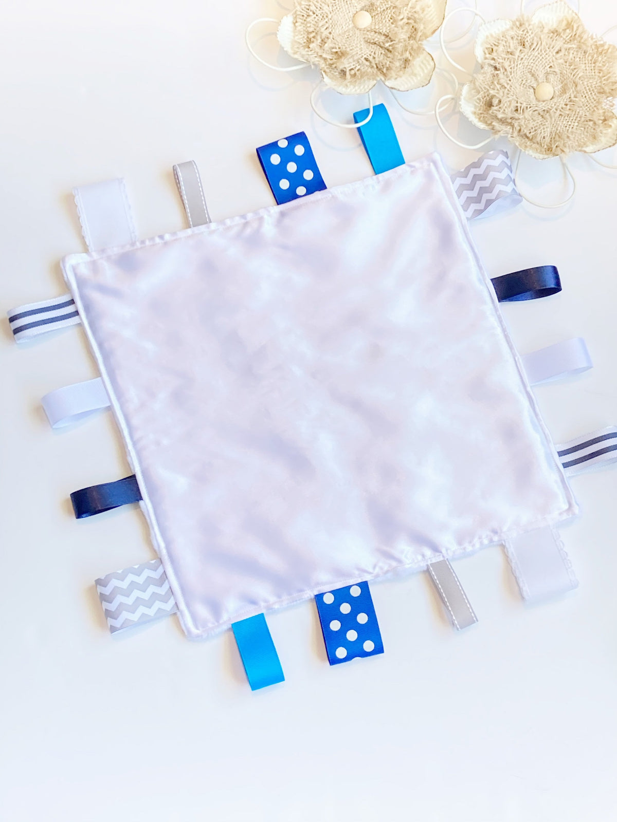 Satin and minky sensory Blanket lovey ~ ribbon tag ~ personalize sensory toy ~ baby shower gift ~ baby boy girl lovey - 12" - choose colors