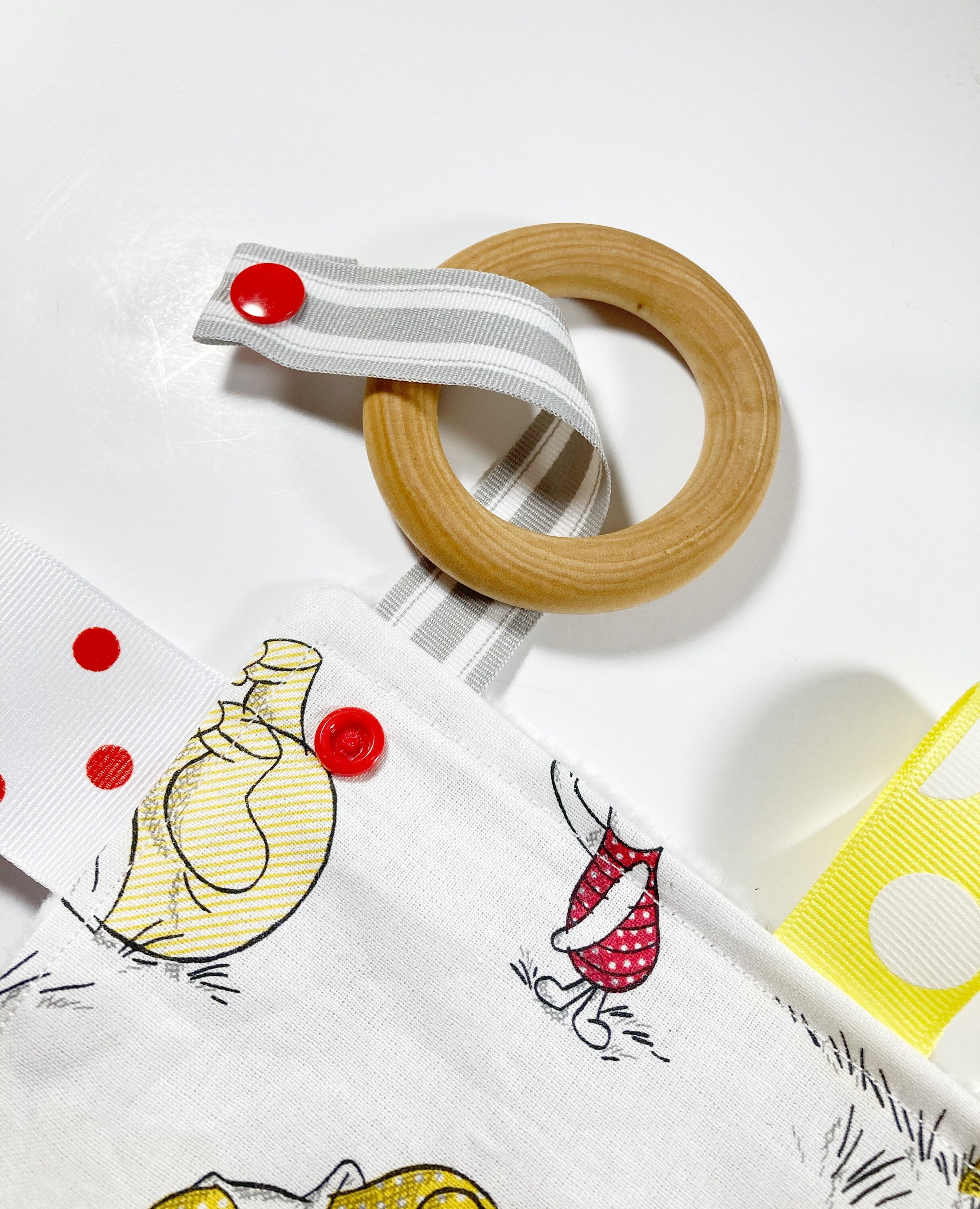 Sensory crinkle tag lovey - made from Winnie the Pooh fabric ~ personalize ~ Cotton minky security toy with wood teether ~ shower gift 12"