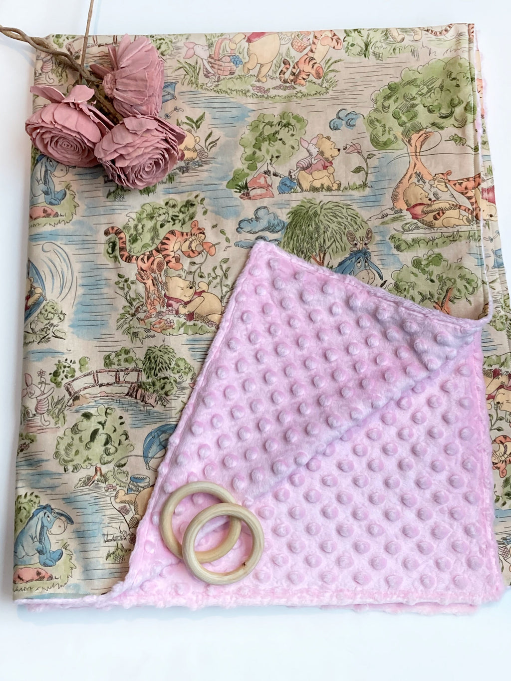 Baby blanket for nursery bedding,  personalized for girl made from Winnie the Pooh fabric in Cotton and pink soft minky baby shower gift
