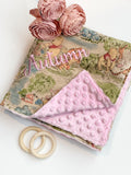 Baby blanket for nursery bedding,  personalized for girl made from Winnie the Pooh fabric in Cotton and pink soft minky baby shower gift