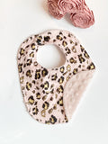 Baby couture fashion toddler Bib and burp cloth in rose gold leopard, exotic animal Cotton print and blush pink minky, baby girl shower gift