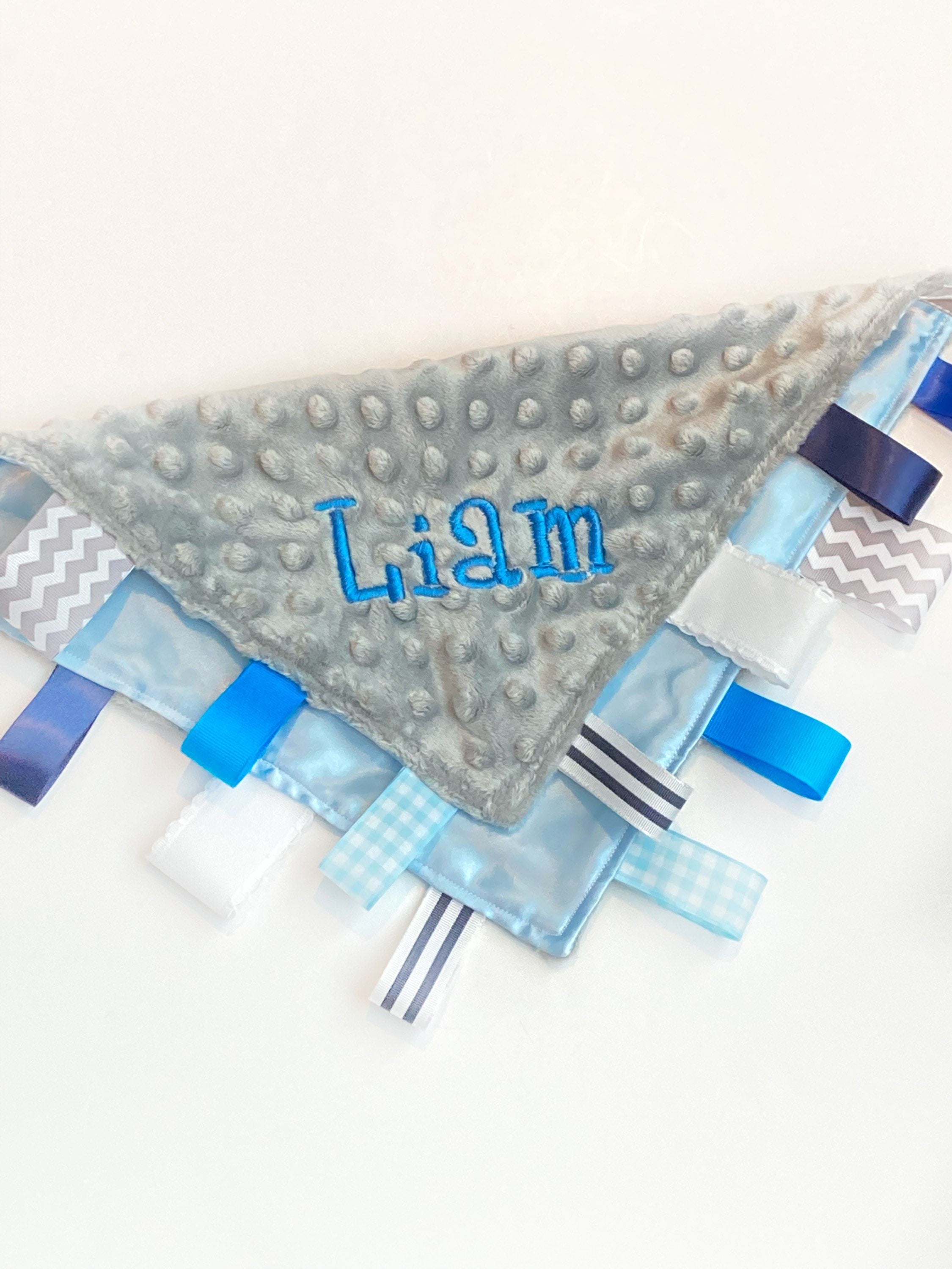 Personalized Satin Minky Ribbon Tag Lovey: 12" Sensory Blanket