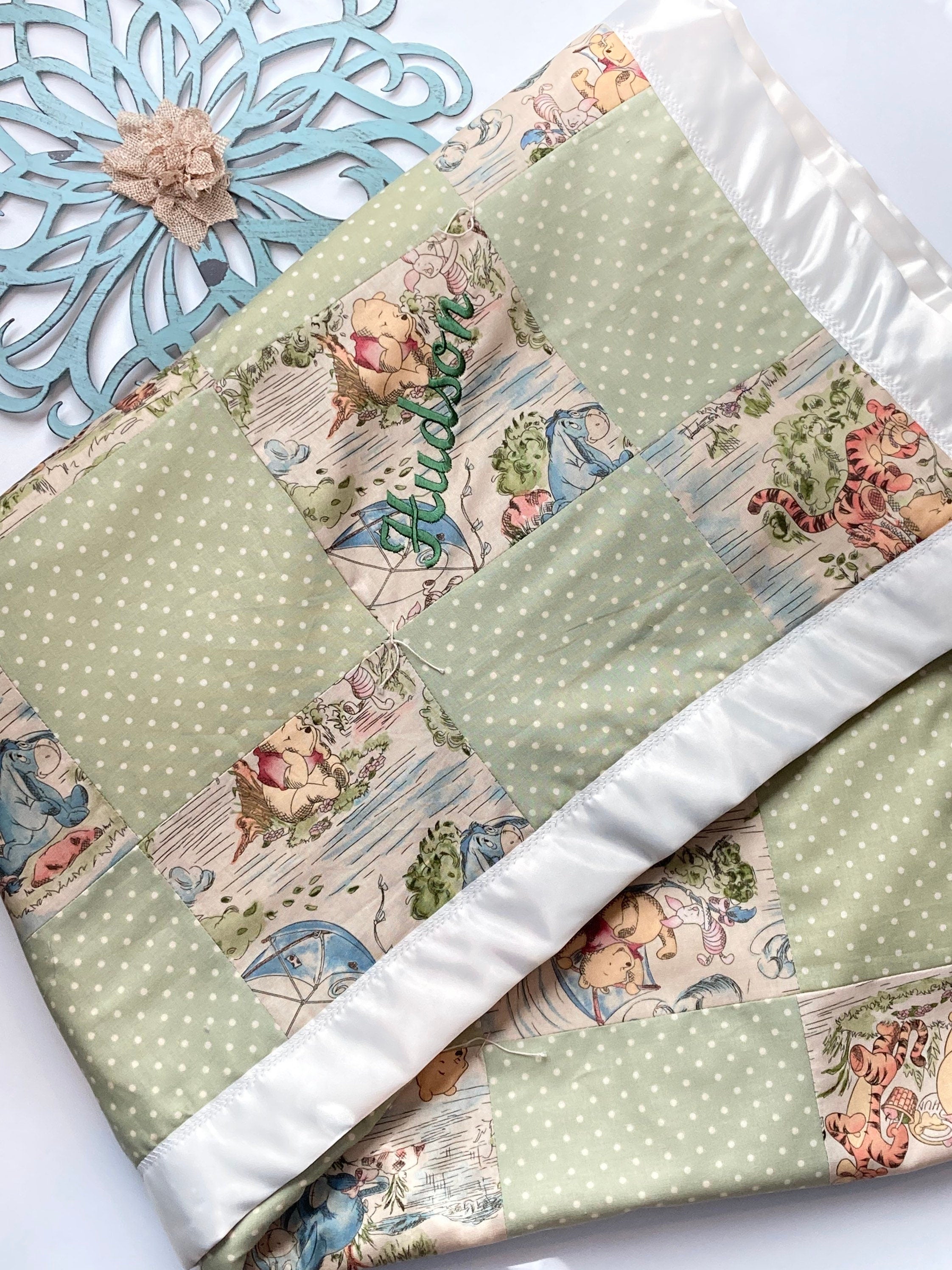 Baby crib Blanket made from Winnie the Pooh Cotton for girl or boy or adult nursery bedding with satin binding, baby shower gift personalize