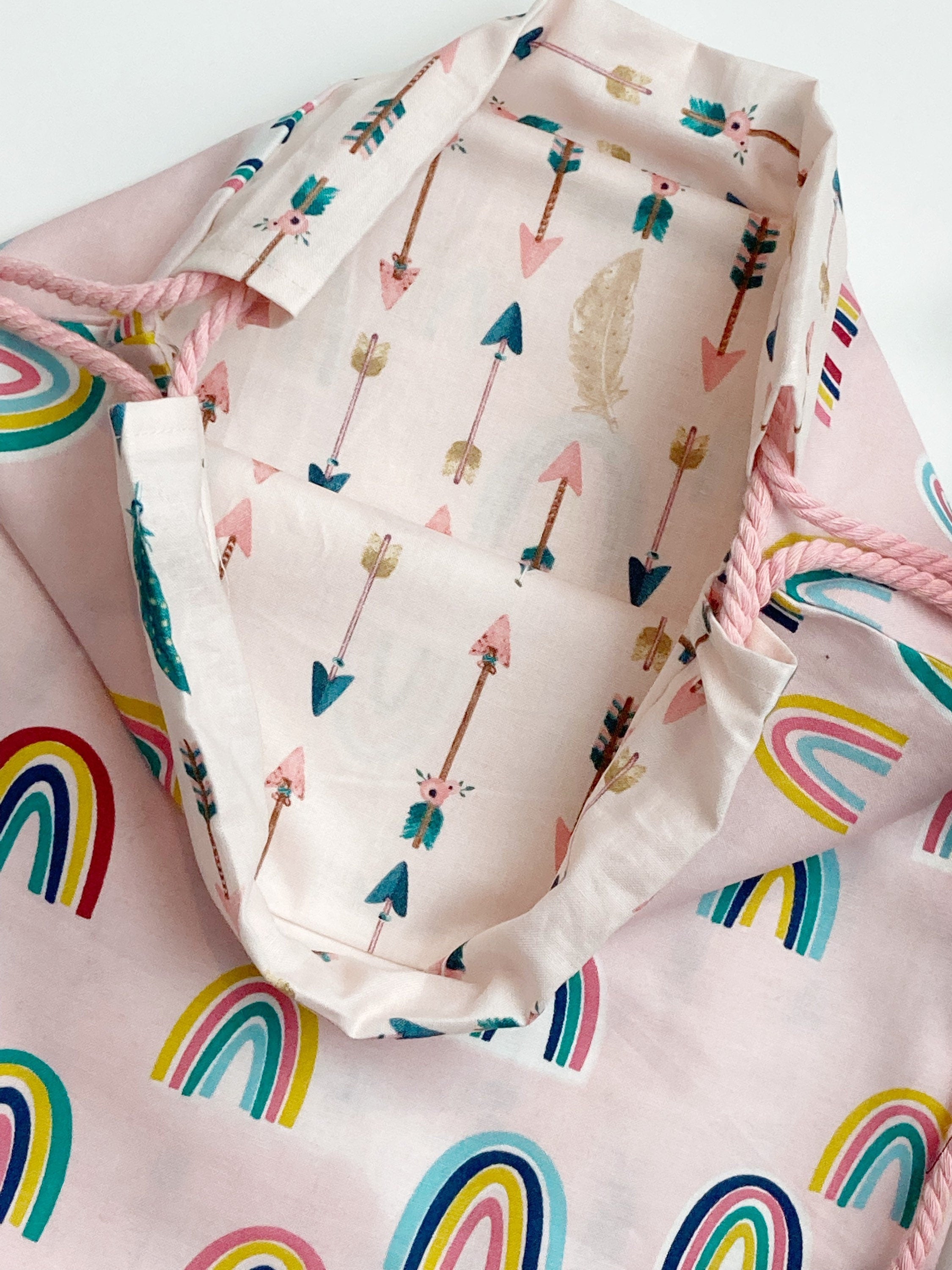 School book bag drawstring lined backpack in boho rainbow pastels, gym bag, toy bag for travel, carry-on, swimming, ballet, overnight