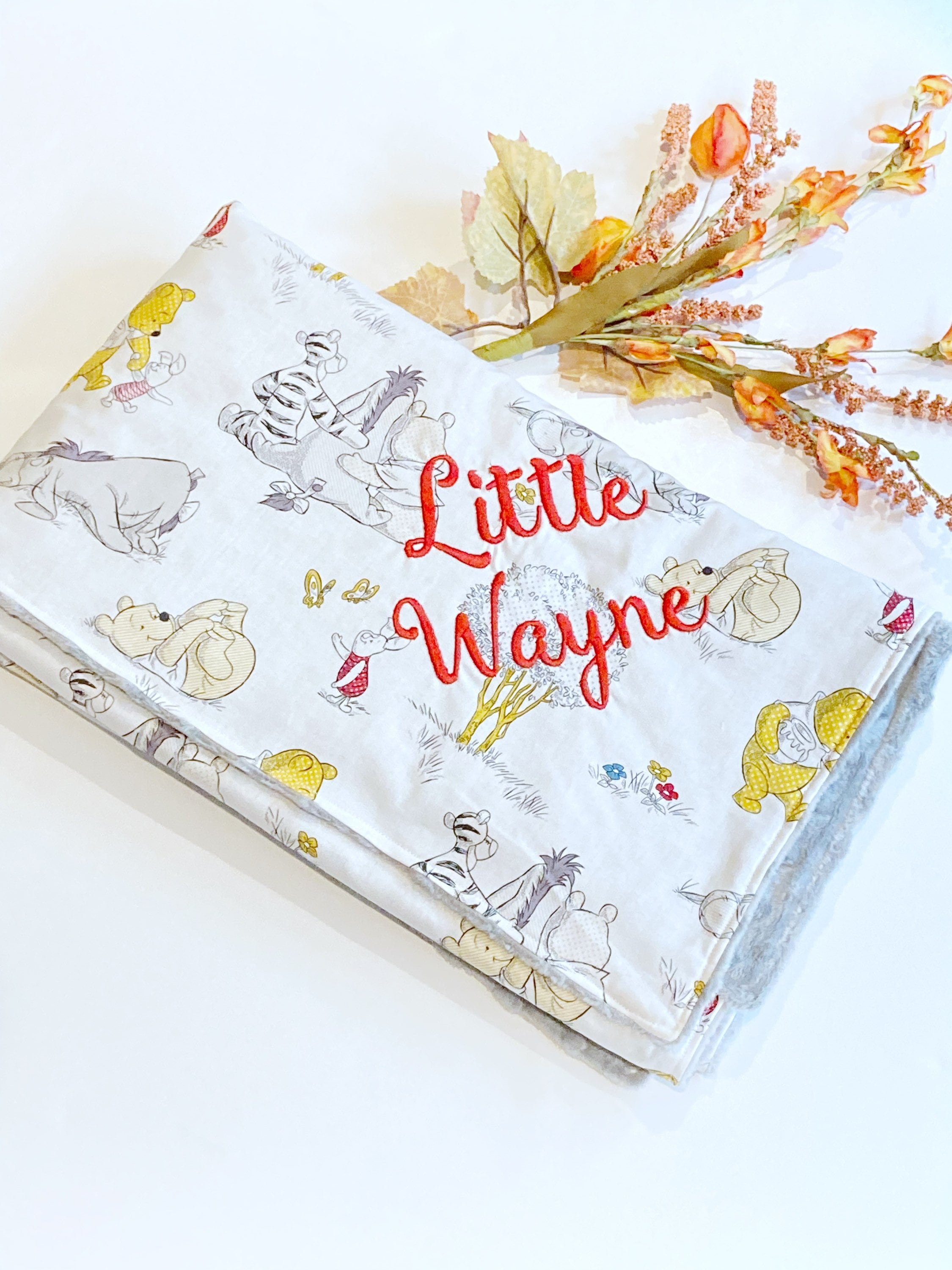 Personalize Baby Blanket made from Winnie the Pooh fabric for girl or boy in Cotton and minky, baby shower gift, Piglet Eeyore Tigger print