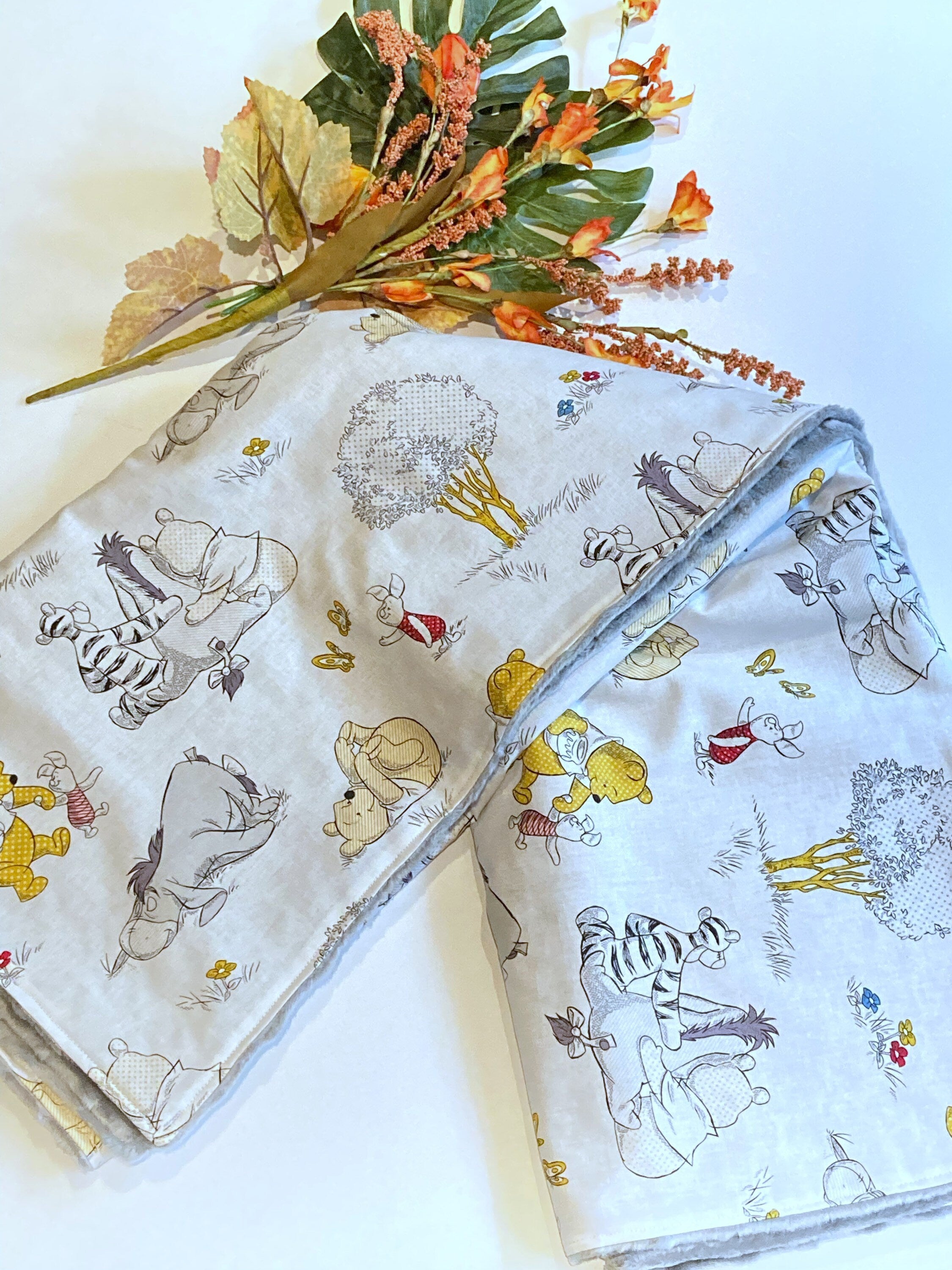 Personalize Baby Blanket made from Winnie the Pooh fabric for girl or boy in Cotton and minky, baby shower gift, Piglet Eeyore Tigger print