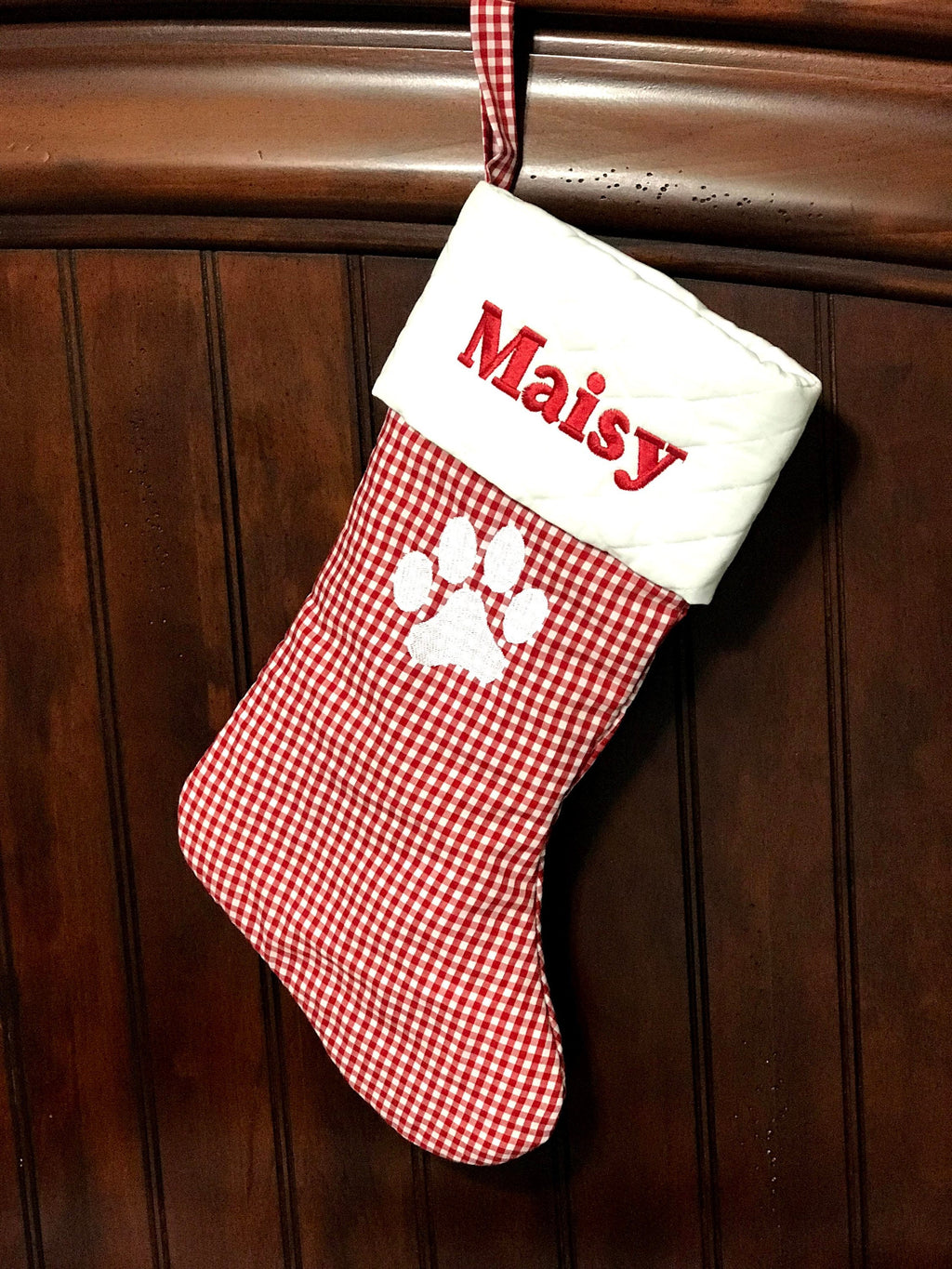 Personalized Pet Christmas stocking, red gingham plaid cat dog stocking, white quilted cuff, fully lined, embroidered paw and name, 18”