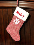 Personalized Pet Christmas stocking, red gingham plaid cat dog stocking, white quilted cuff, fully lined, embroidered paw and name, 18”