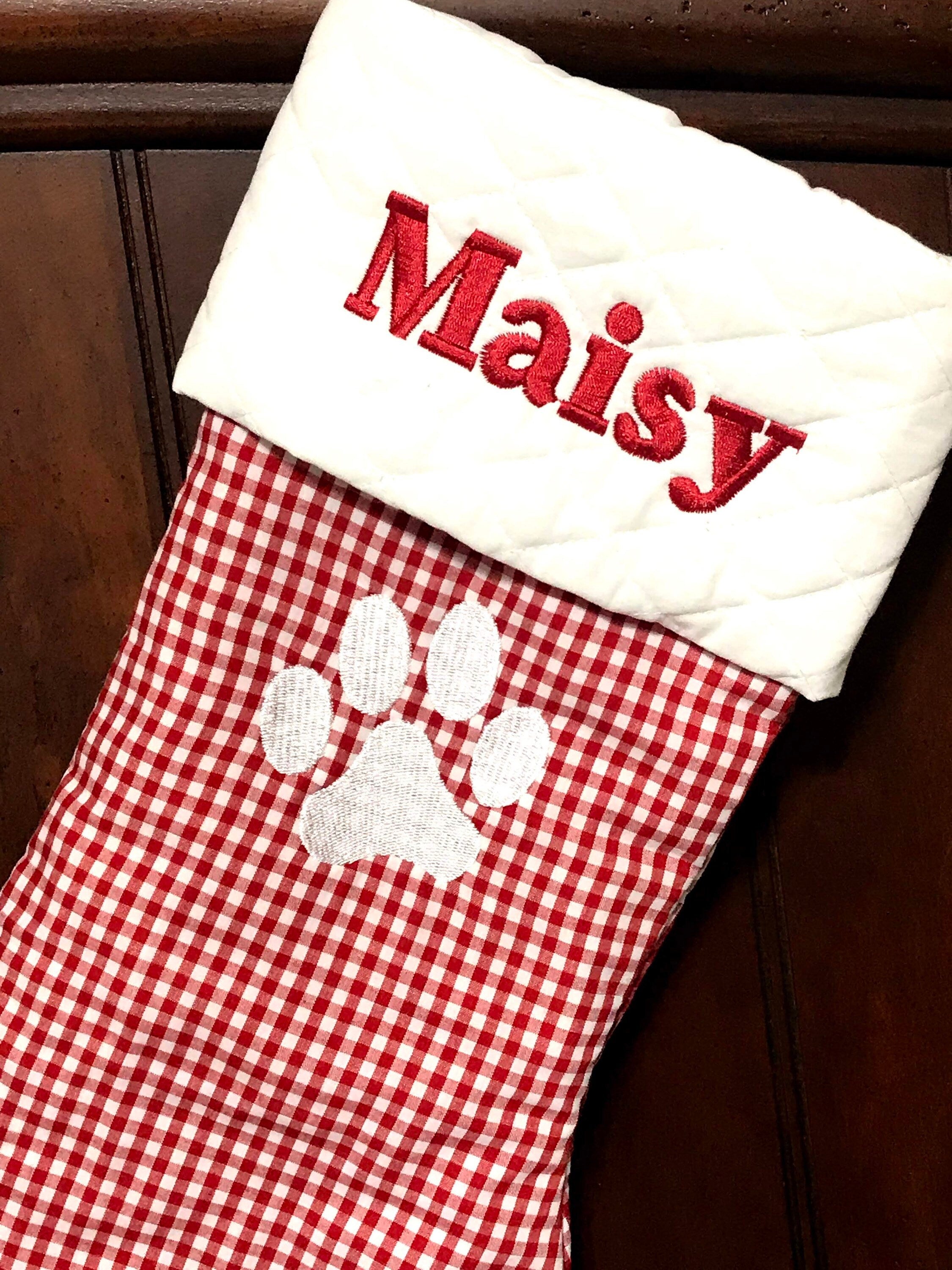 Personalized Pet Christmas stocking, red gingham plaid cat dog stocking, white quilted cuff, fully lined, embroidered paw and name, 18”