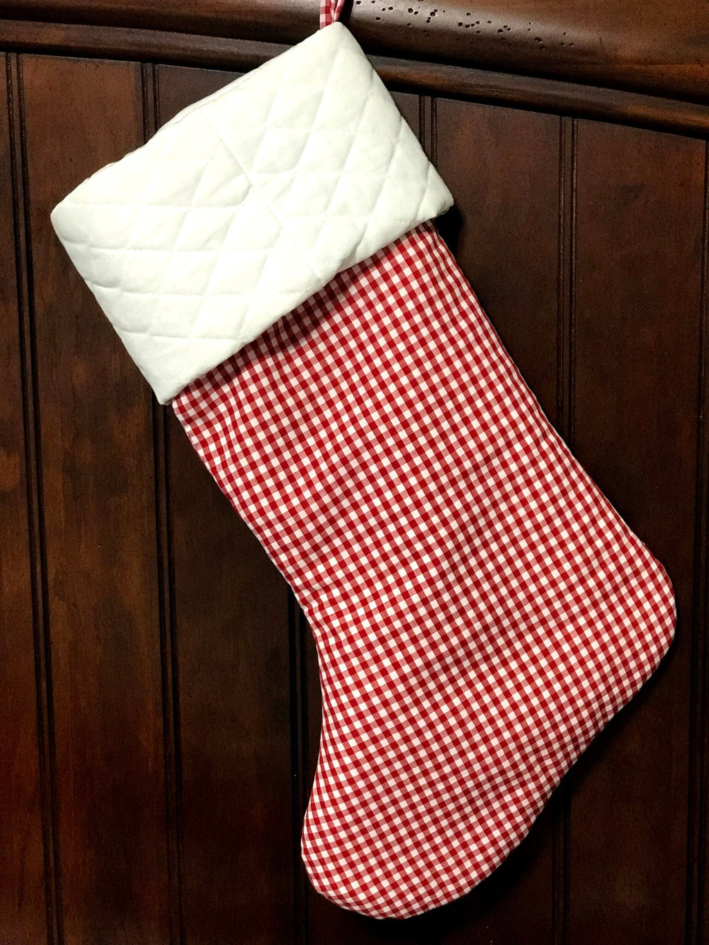 Personalized Pet Christmas stocking, red gingham plaid cat dog stocking, white quilted cuff, fully lined, embroidered paw and name, 18”
