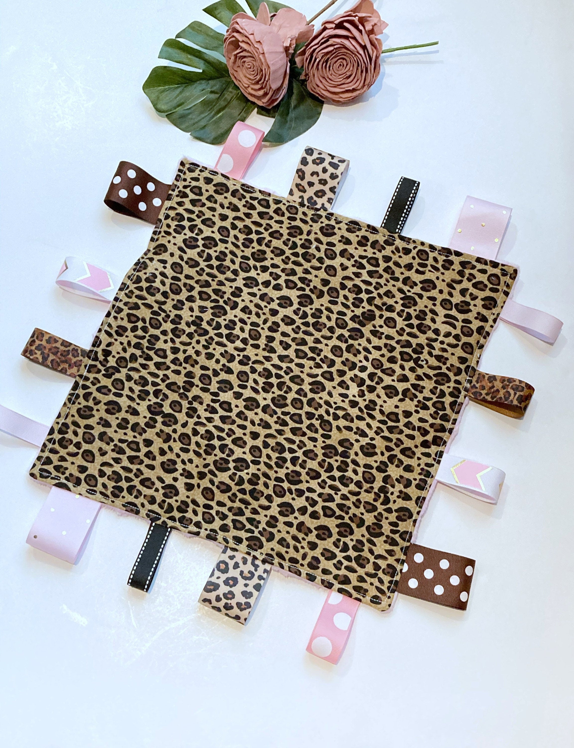Cheetah leopard Sensory Blanket lovey, ribbon tag toy, can personalize, Cotton minky baby shower gift, add crinkle