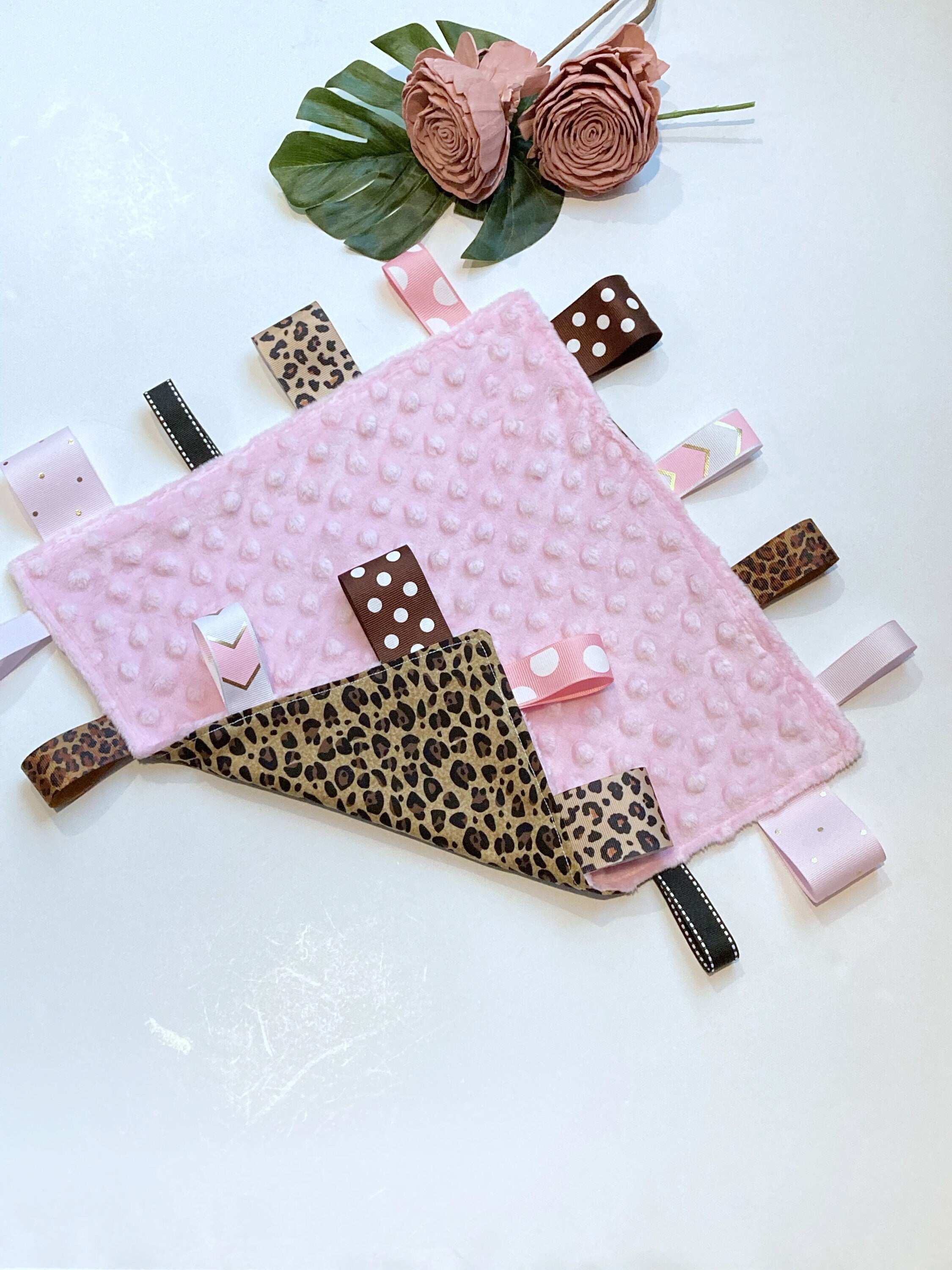 Cheetah leopard Sensory Blanket lovey, ribbon tag toy, can personalize, Cotton minky baby shower gift, add crinkle