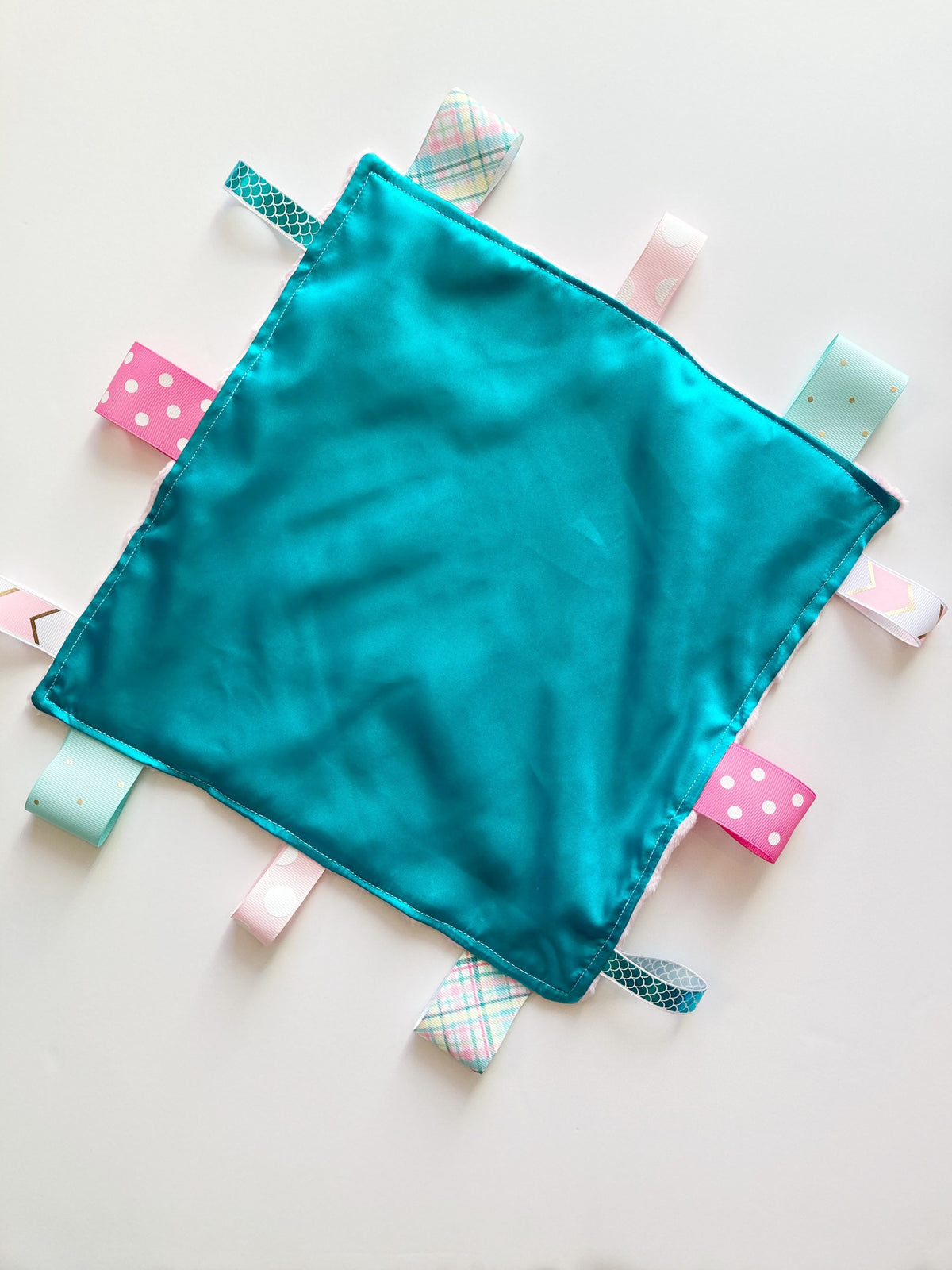 Satin and minky sensory Blanket lovey with ribbon tag, personalized sensory toy for baby girl or boy shower gift,  12" size, choose colors