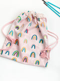School book bag drawstring lined backpack in boho rainbow pastels, gym bag, toy bag for travel, carry-on, swimming, ballet, overnight