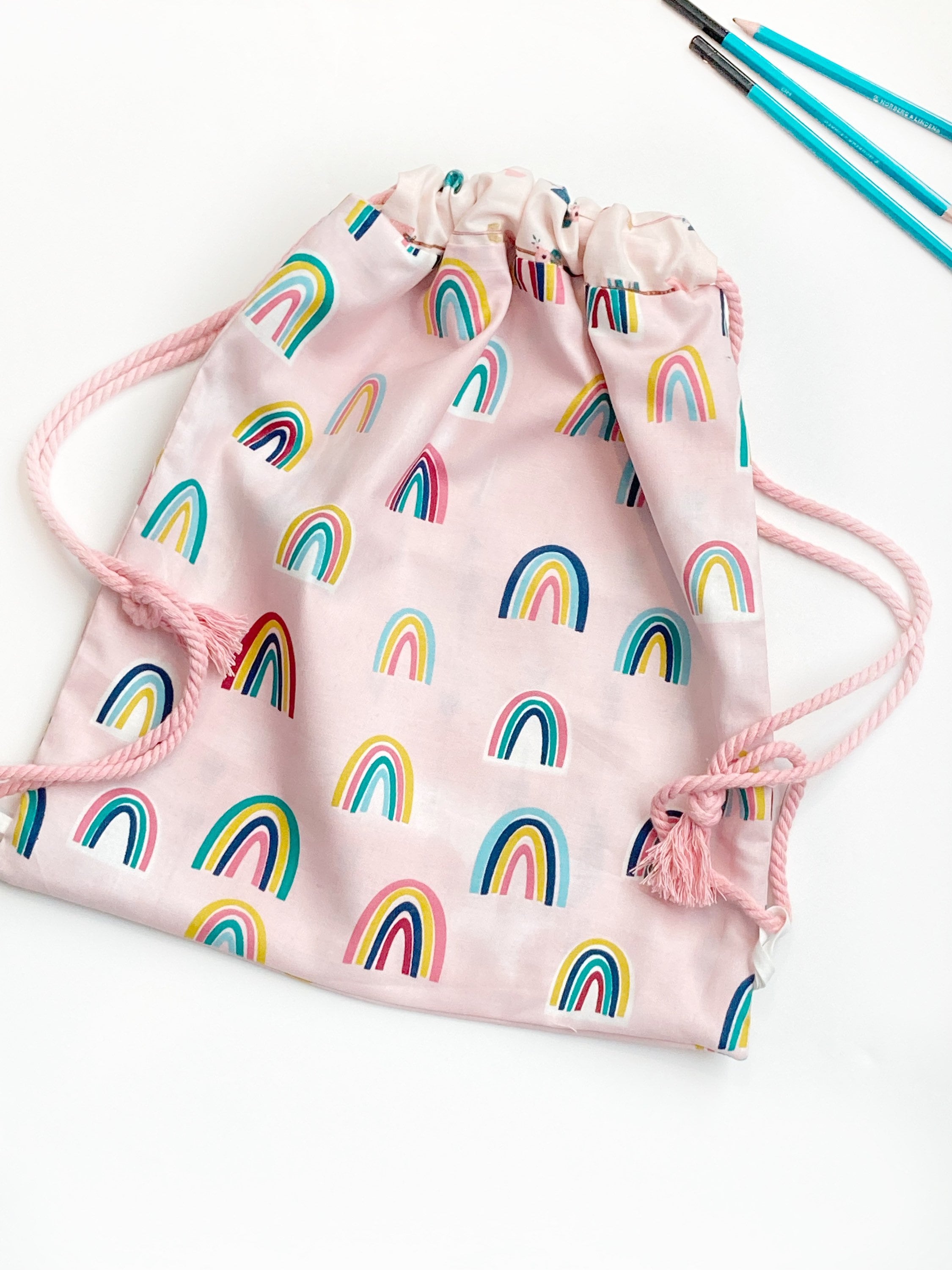 School book bag drawstring lined backpack in boho rainbow pastels, gym bag, toy bag for travel, carry-on, swimming, ballet, overnight