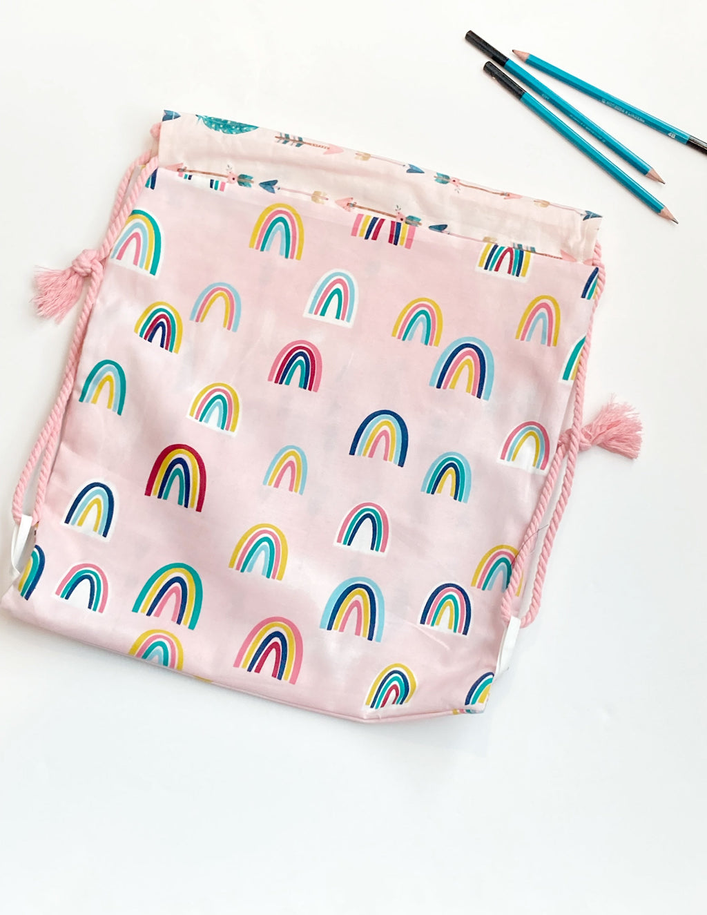 School book bag drawstring lined backpack in boho rainbow pastels, gym bag, toy bag for travel, carry-on, swimming, ballet, overnight