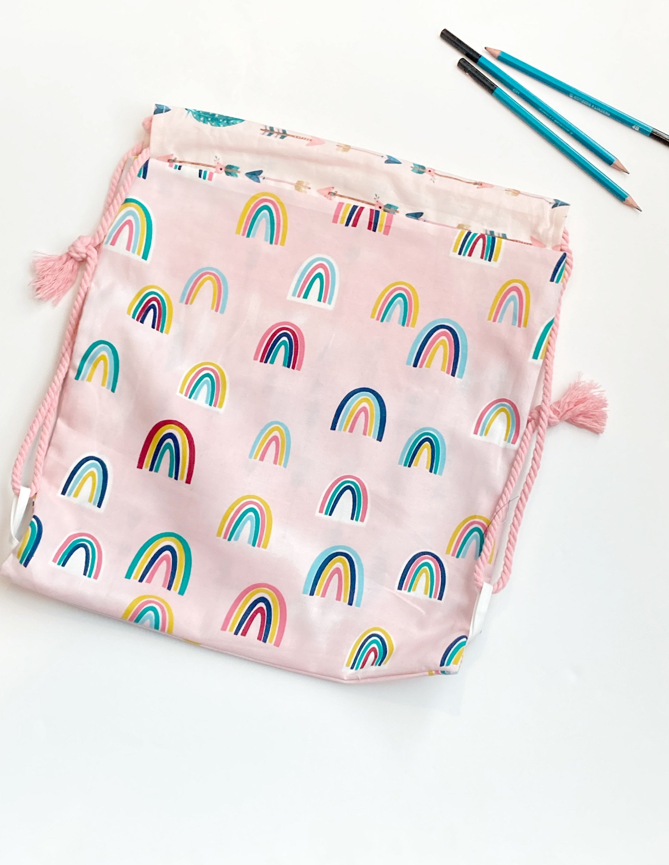 School book bag drawstring lined backpack in boho rainbow pastels, gym bag, toy bag for travel, carry-on, swimming, ballet, overnight