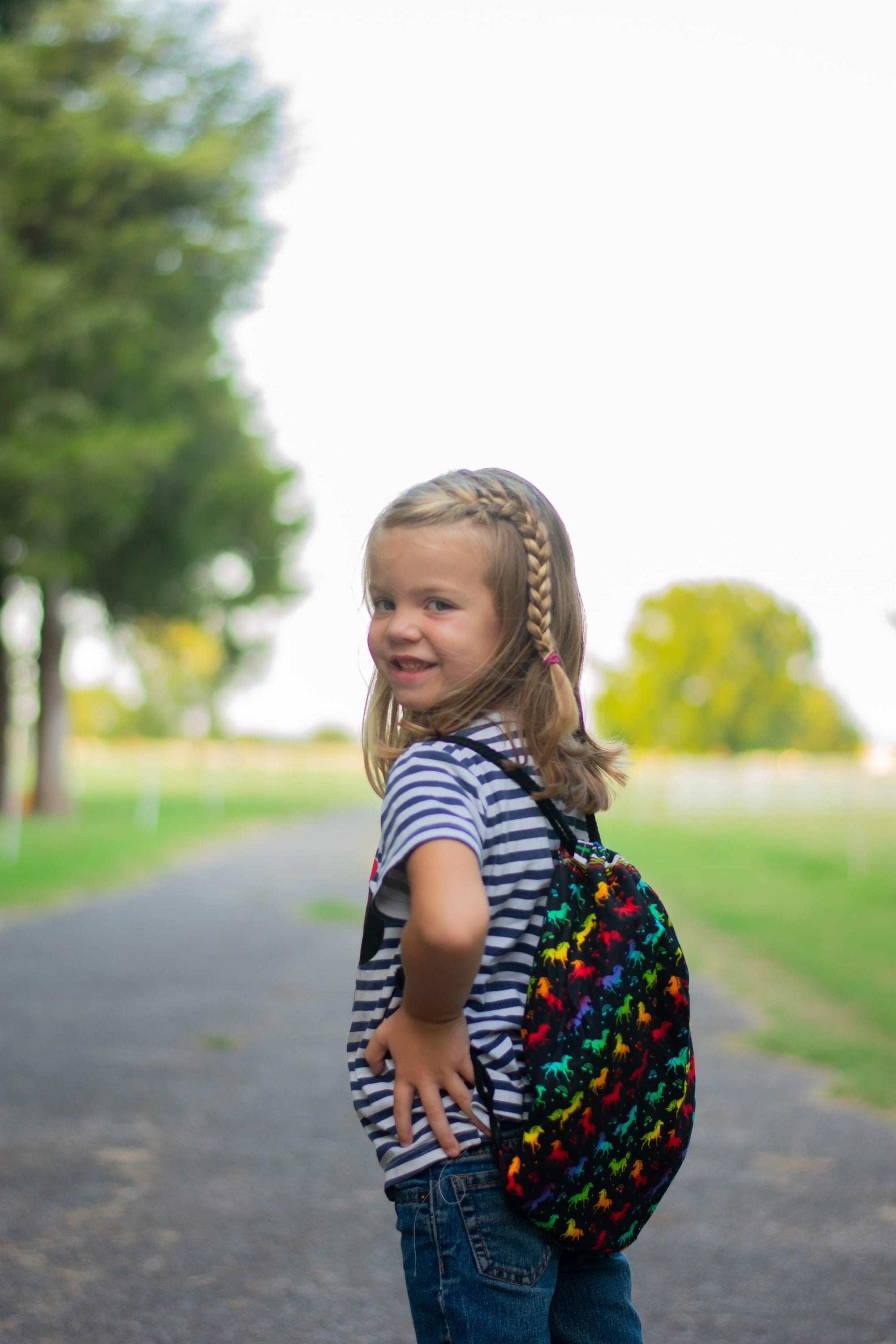 Drawstring book bag lined backpack in boho couture tribal floral, convenient sturdy gym bag, swimming bag, overnight bag 15” x 13.5”