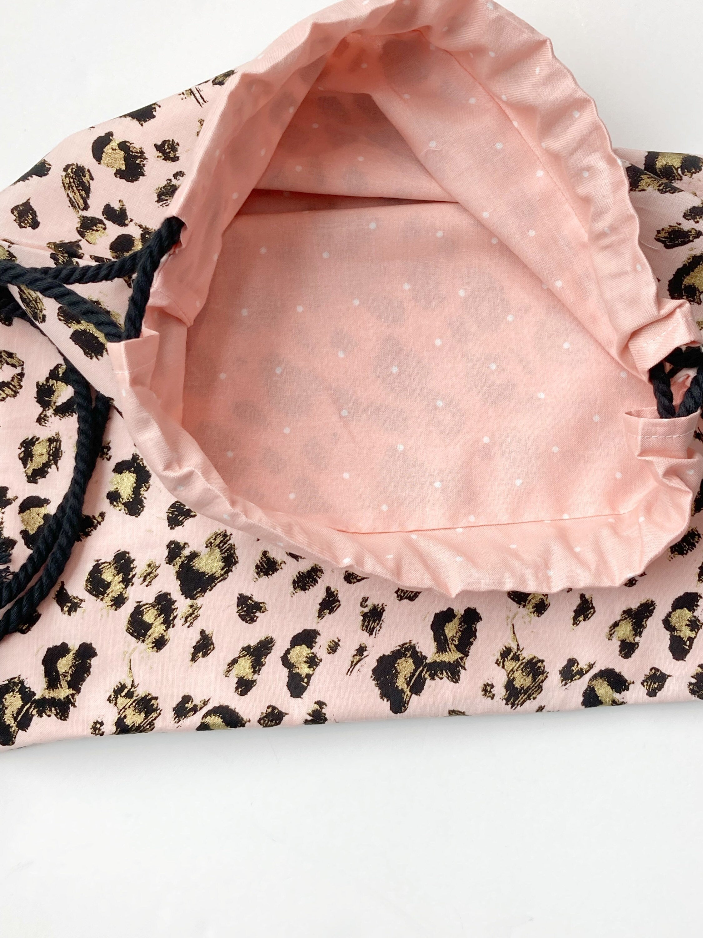 Trick or Treat drawstring lined bag in Rose gold leopard, student book bag, swimming,  dance class, ballet, overnight, toddler mom bag