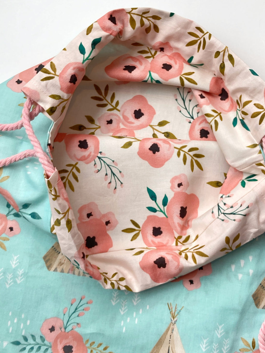 Drawstring book bag lined backpack in boho couture tribal floral, convenient sturdy gym bag, swimming bag, overnight bag 15” x 13.5”