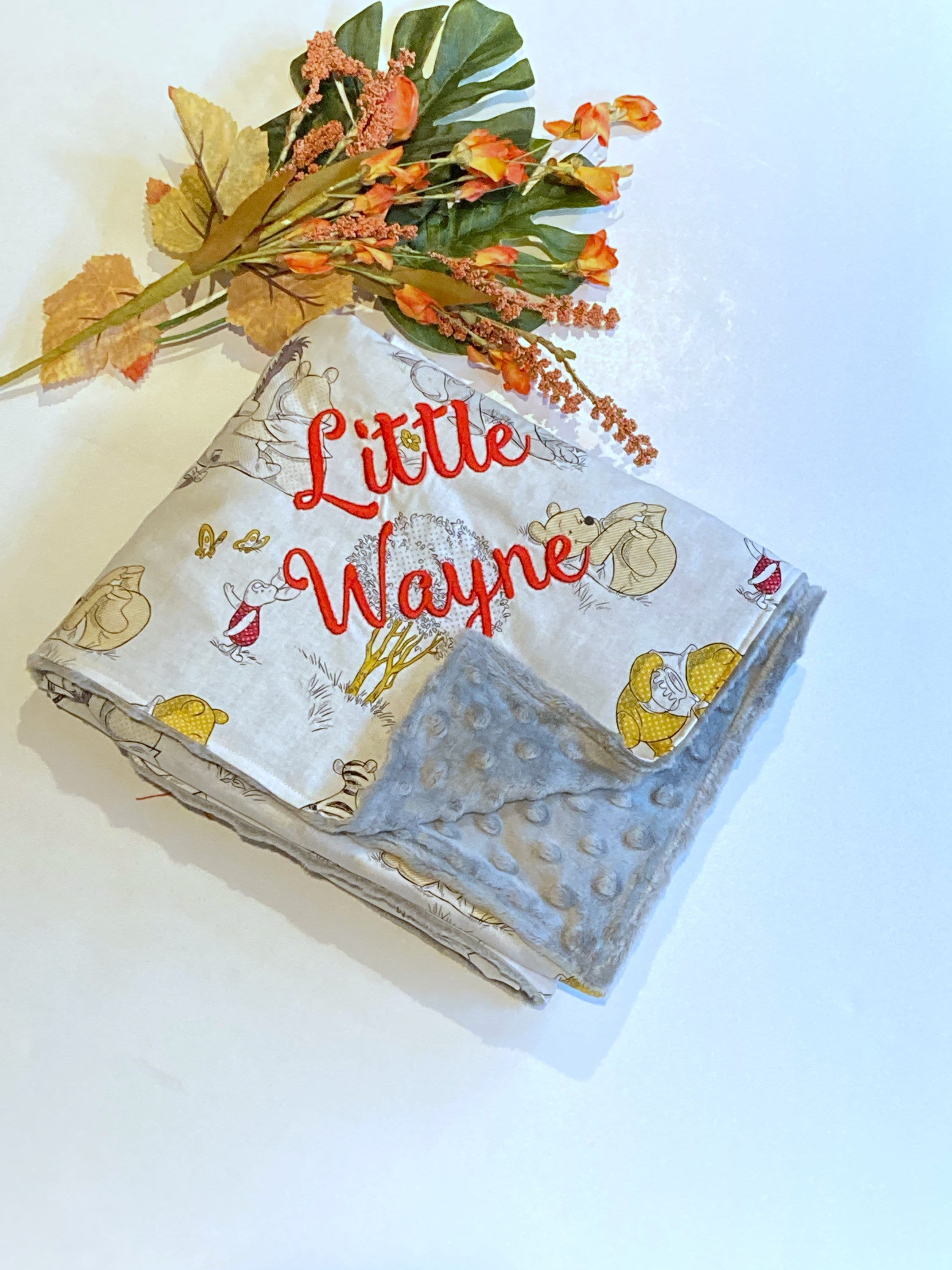 Personalize Baby Blanket made from Winnie the Pooh fabric for girl or boy in Cotton and minky, baby shower gift, Piglet Eeyore Tigger print