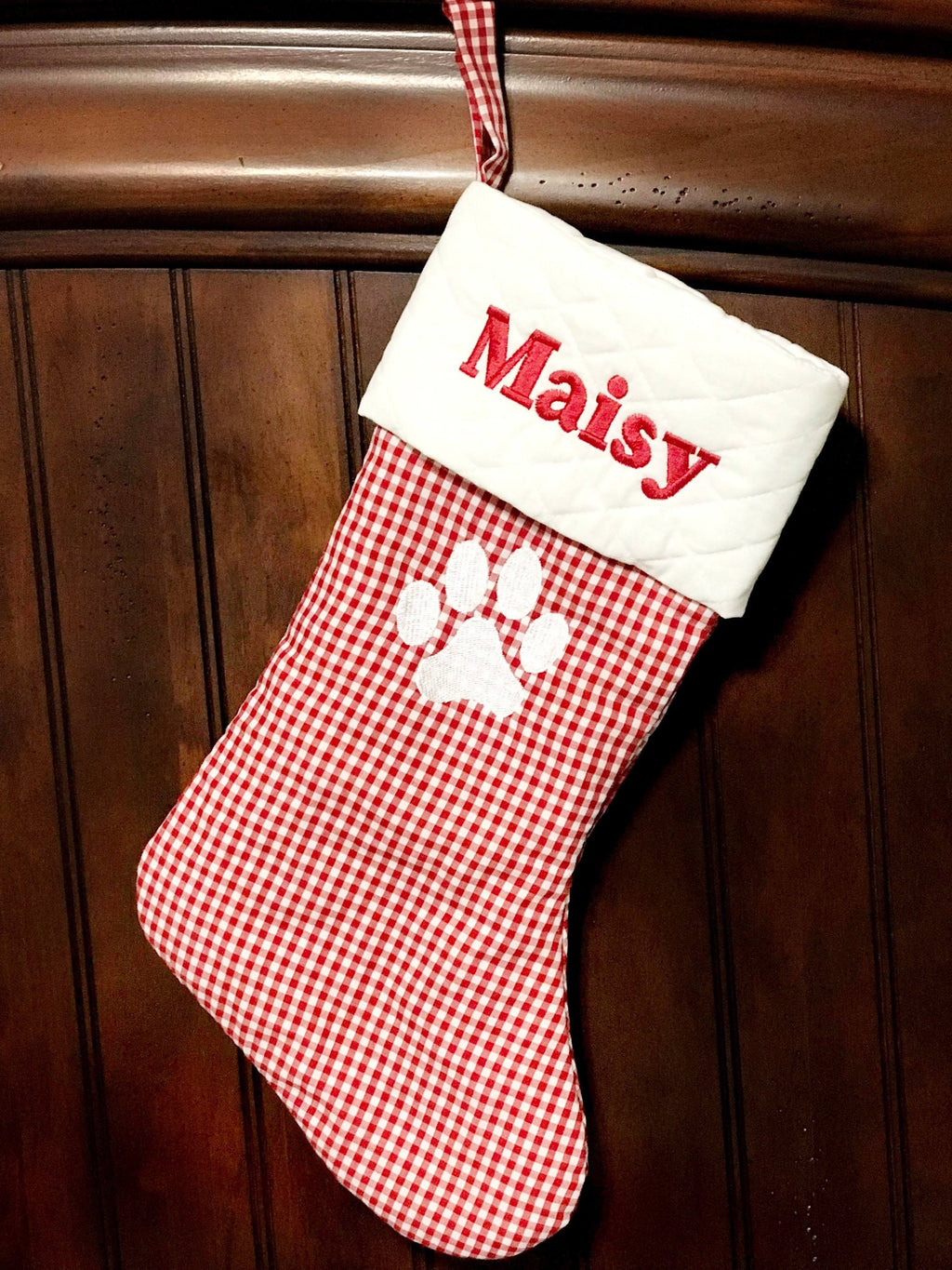 Personalized Pet Christmas stocking, red gingham plaid cat dog stocking, white quilted cuff, fully lined, embroidered paw and name, 18”