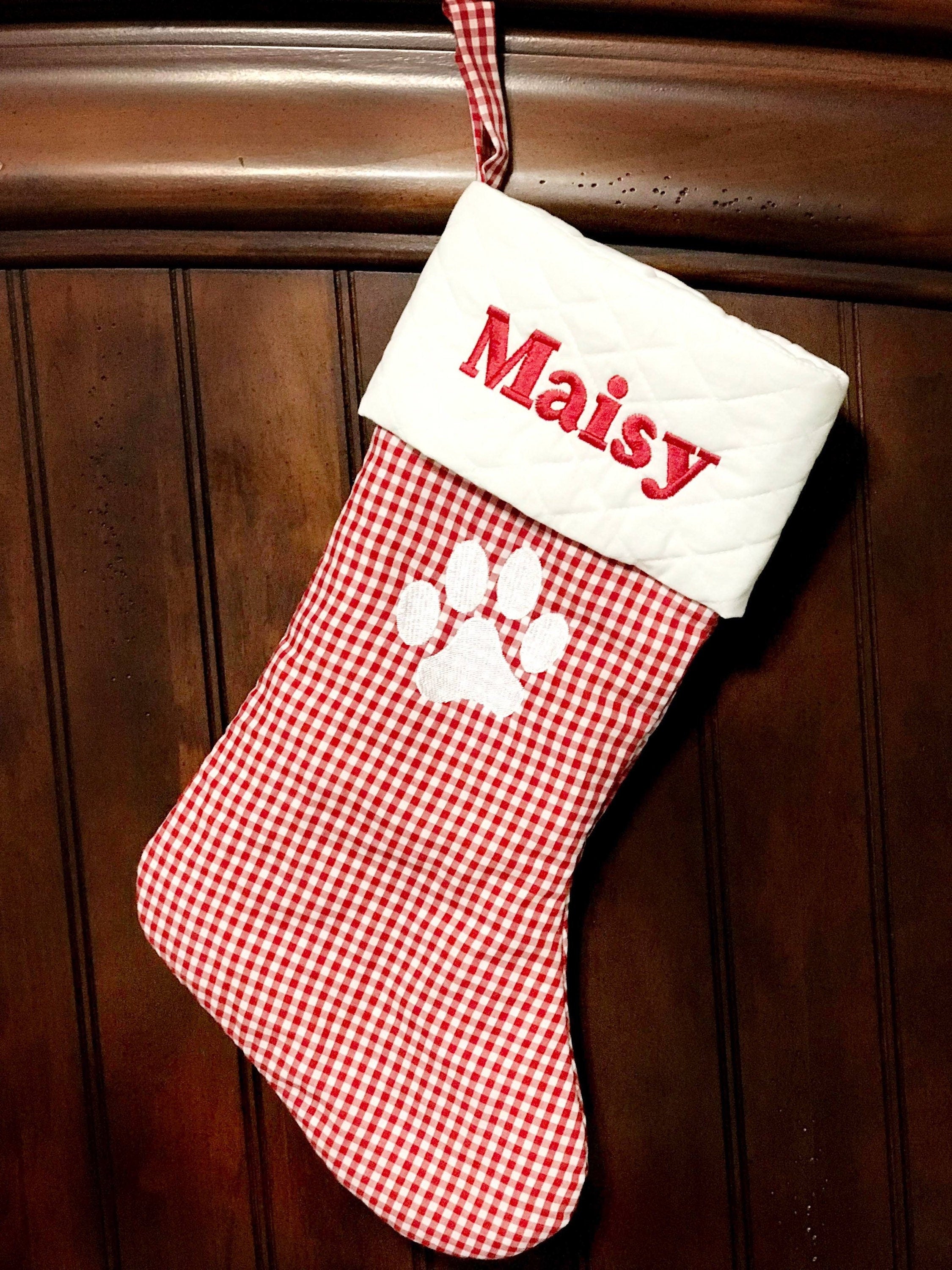 Personalized Pet Christmas stocking, red gingham plaid cat dog stocking, white quilted cuff, fully lined, embroidered paw and name, 18”