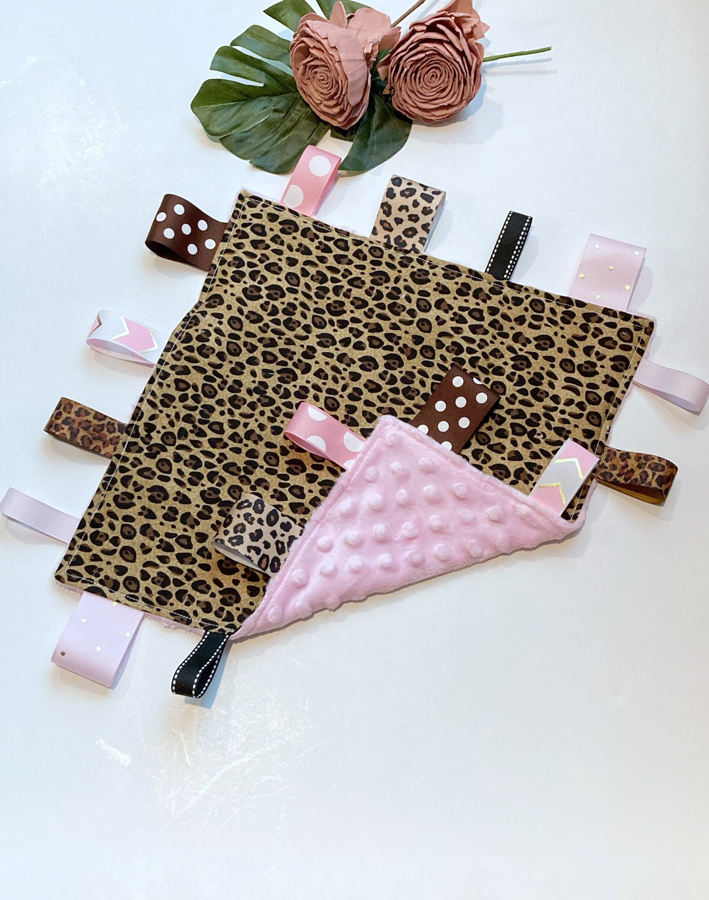 Cheetah leopard Sensory Blanket lovey, ribbon tag toy, can personalize, Cotton minky baby shower gift, add crinkle