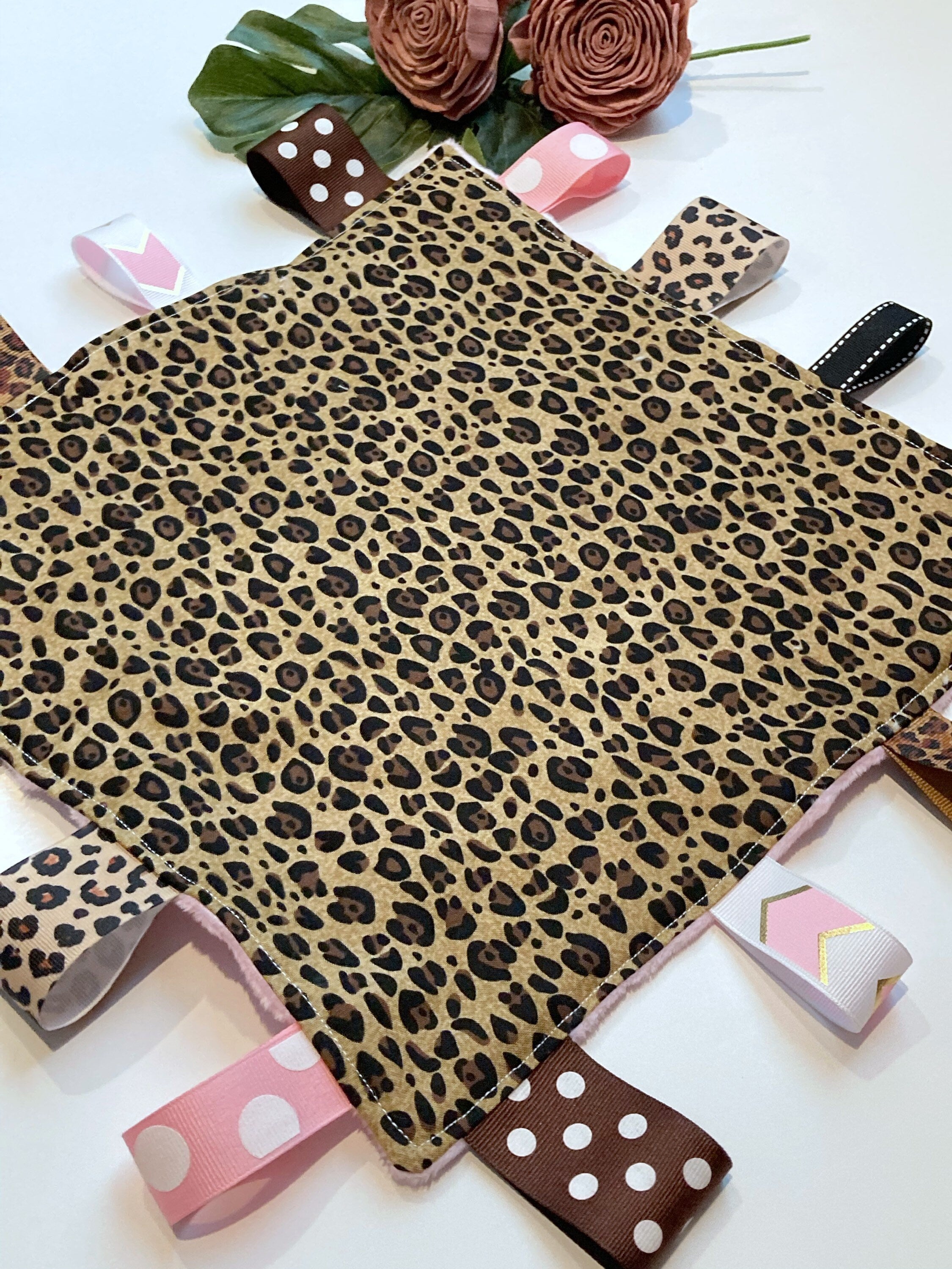 Cheetah leopard Sensory Blanket lovey, ribbon tag toy, can personalize, Cotton minky baby shower gift, add crinkle