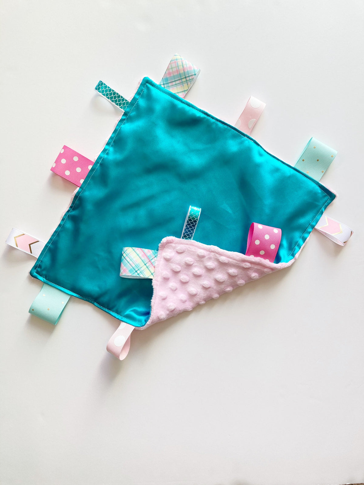 Satin and minky sensory Blanket lovey with ribbon tags and  personalize option, sensory baby shower gift boy or girl lovey 12" color choice