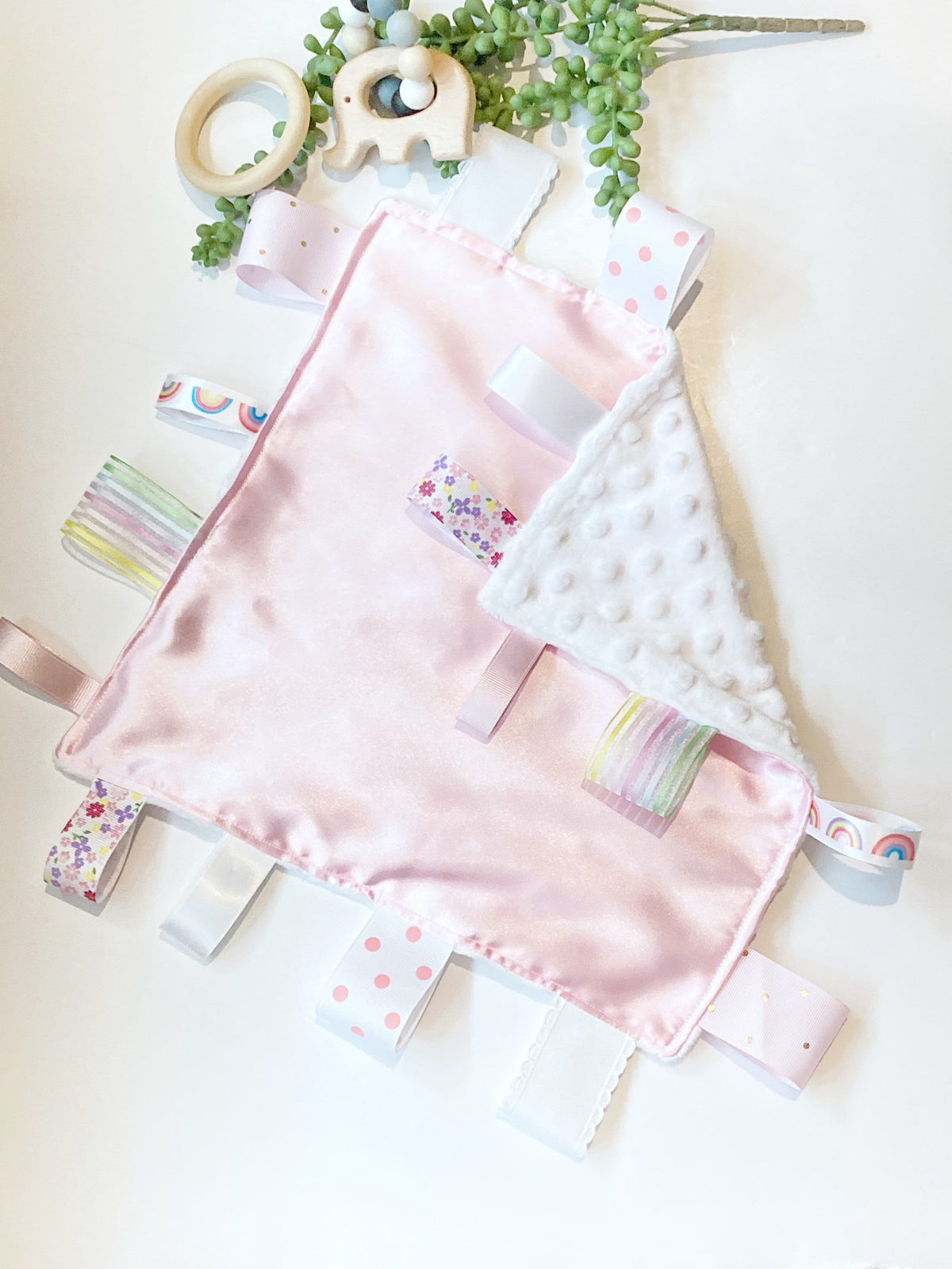 Satin and minky sensory Blanket lovey ~ ribbon tag ~ personalize sensory toy ~ baby shower gift ~ baby boy girl lovey - 12" - choose colors