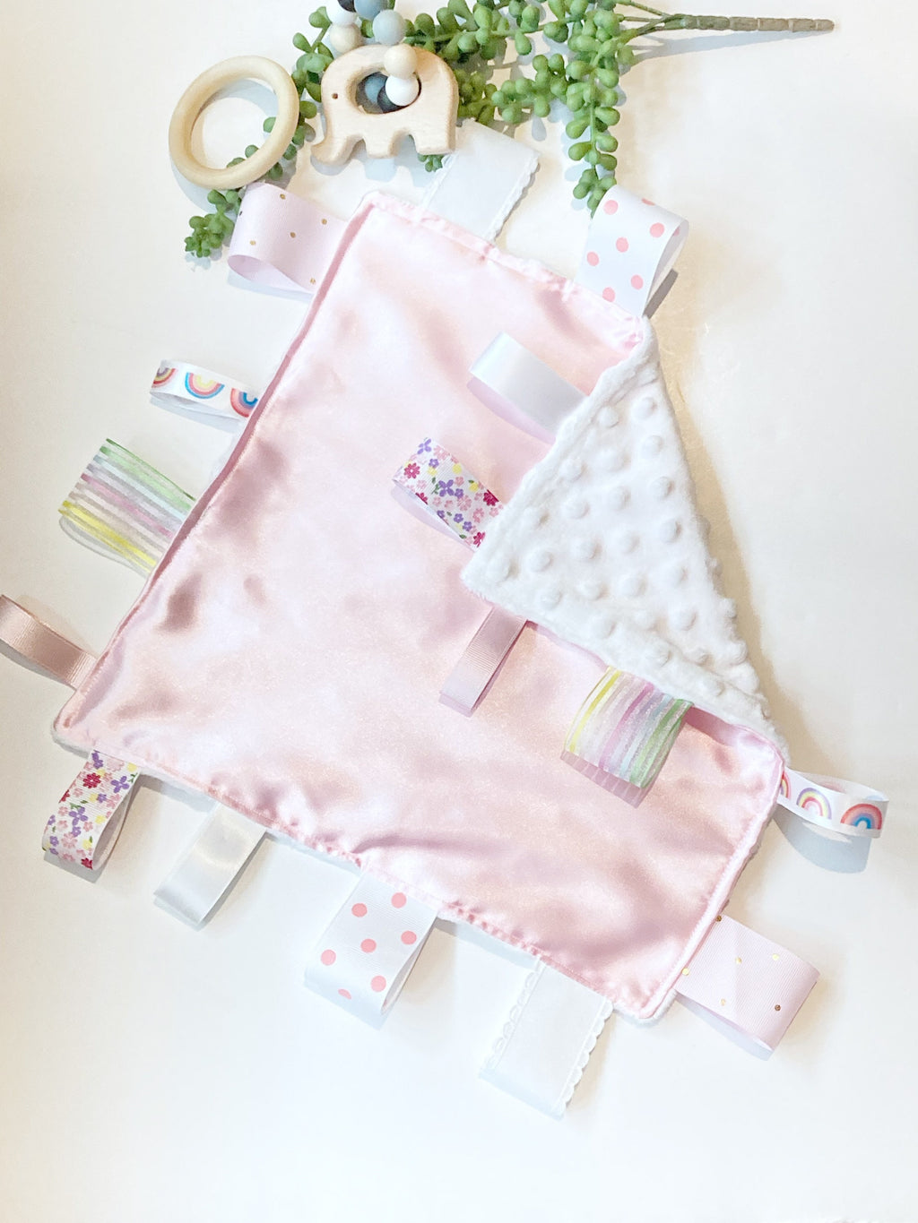 Personalized Satin Minky Ribbon Tag Lovey: 12" Sensory Blanket