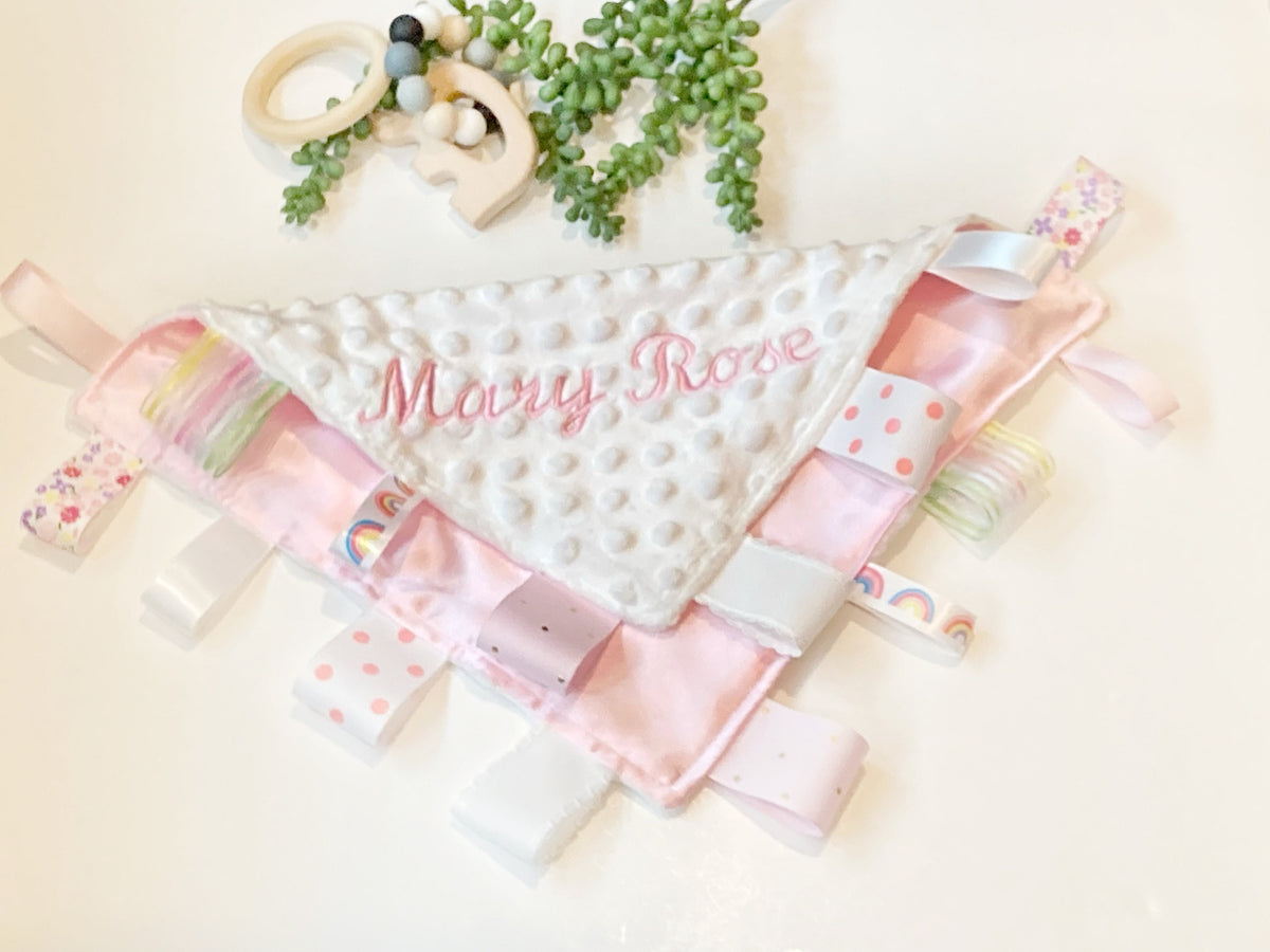 Satin and minky large sensory Blanket lovey with ribbon tags, personalized baby shower gift for baby boy or girl, 14”x 17”- choose colors