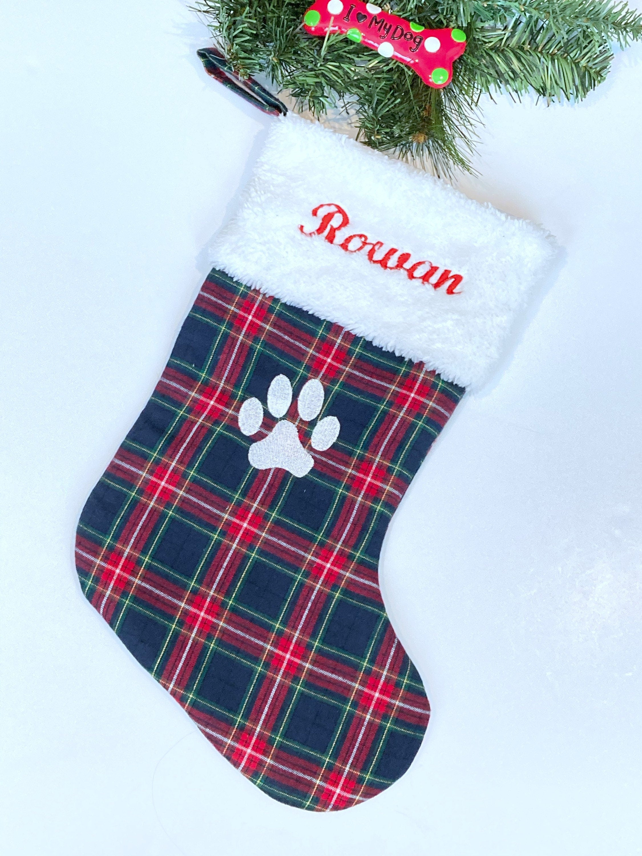 Pet Christmas stocking in red plaid or red and blue flannel, personalized cat dog stocking fully lined, embroidered paw and name option, 18”