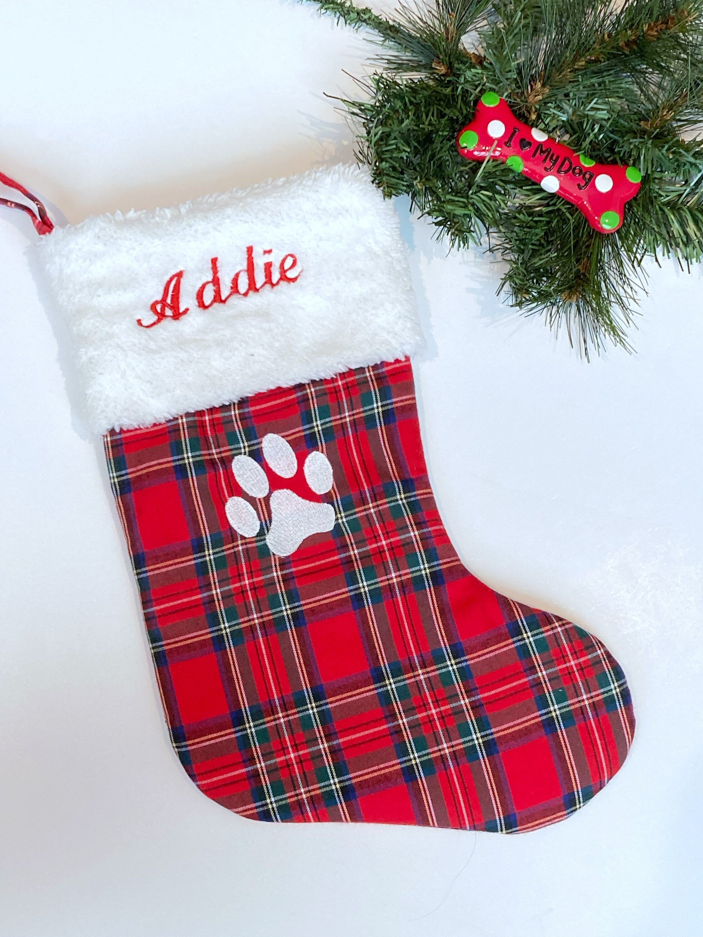 Pet Christmas stocking in red plaid or red and blue flannel, personalized cat dog stocking fully lined, embroidered paw and name option, 18”