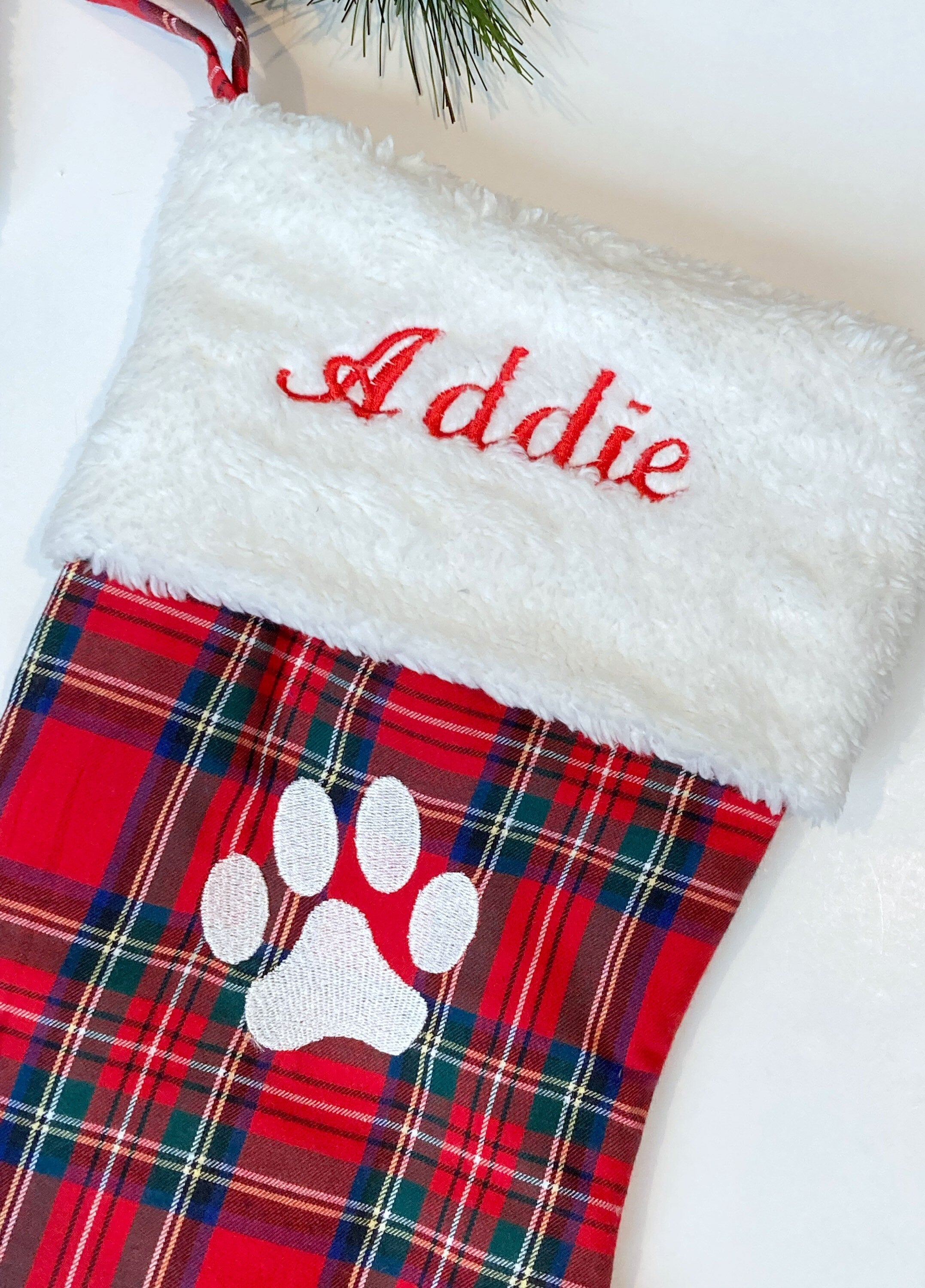 Pet Christmas stocking in red plaid or red and blue flannel, personalized cat dog stocking fully lined, embroidered paw and name option, 18”